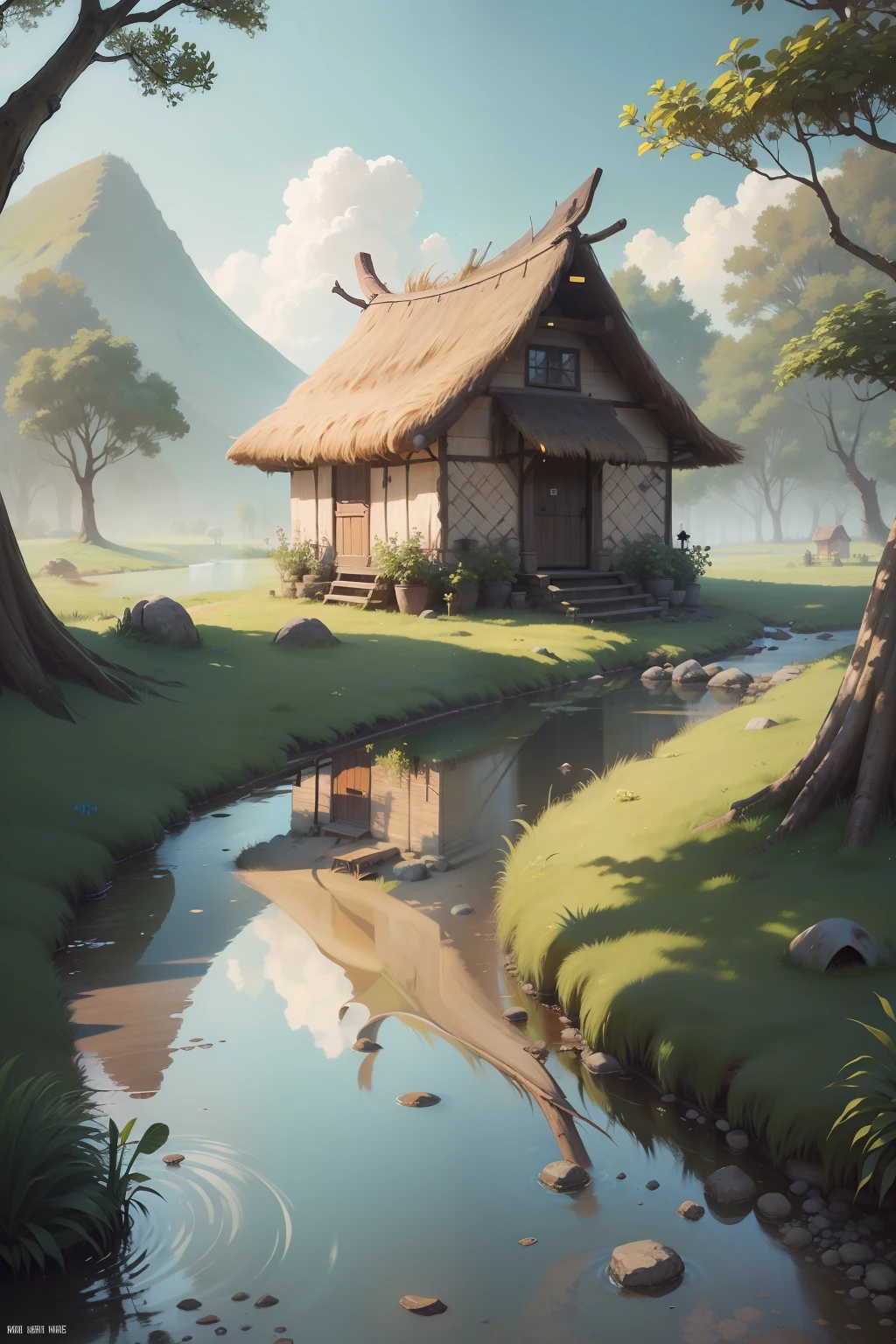 Thatched hut by the stream