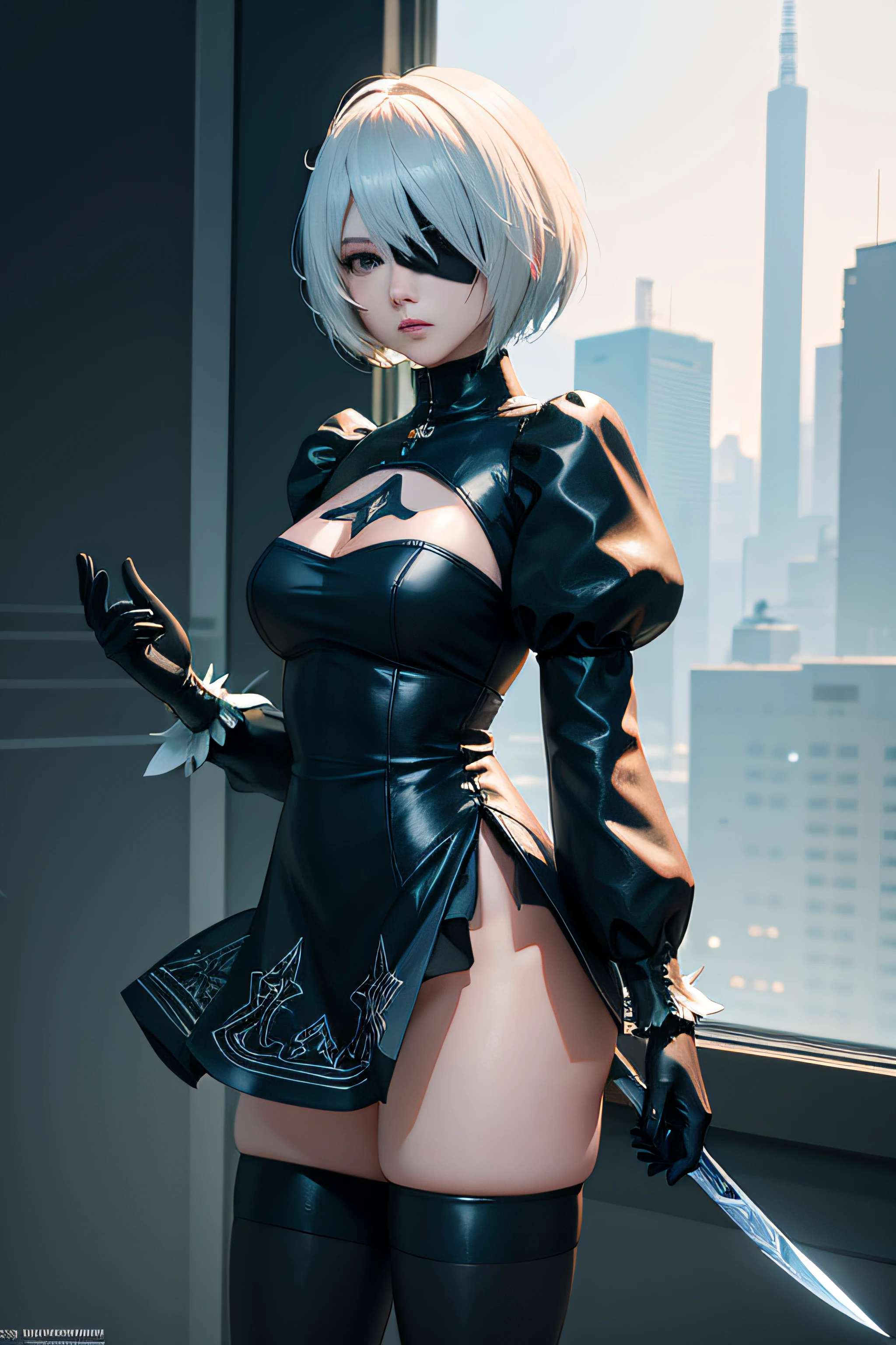 2K resolution，2B anime characters，Animate，High cold atmosphere，Pull the knife from the front，Central vista，Neon lighting effects。