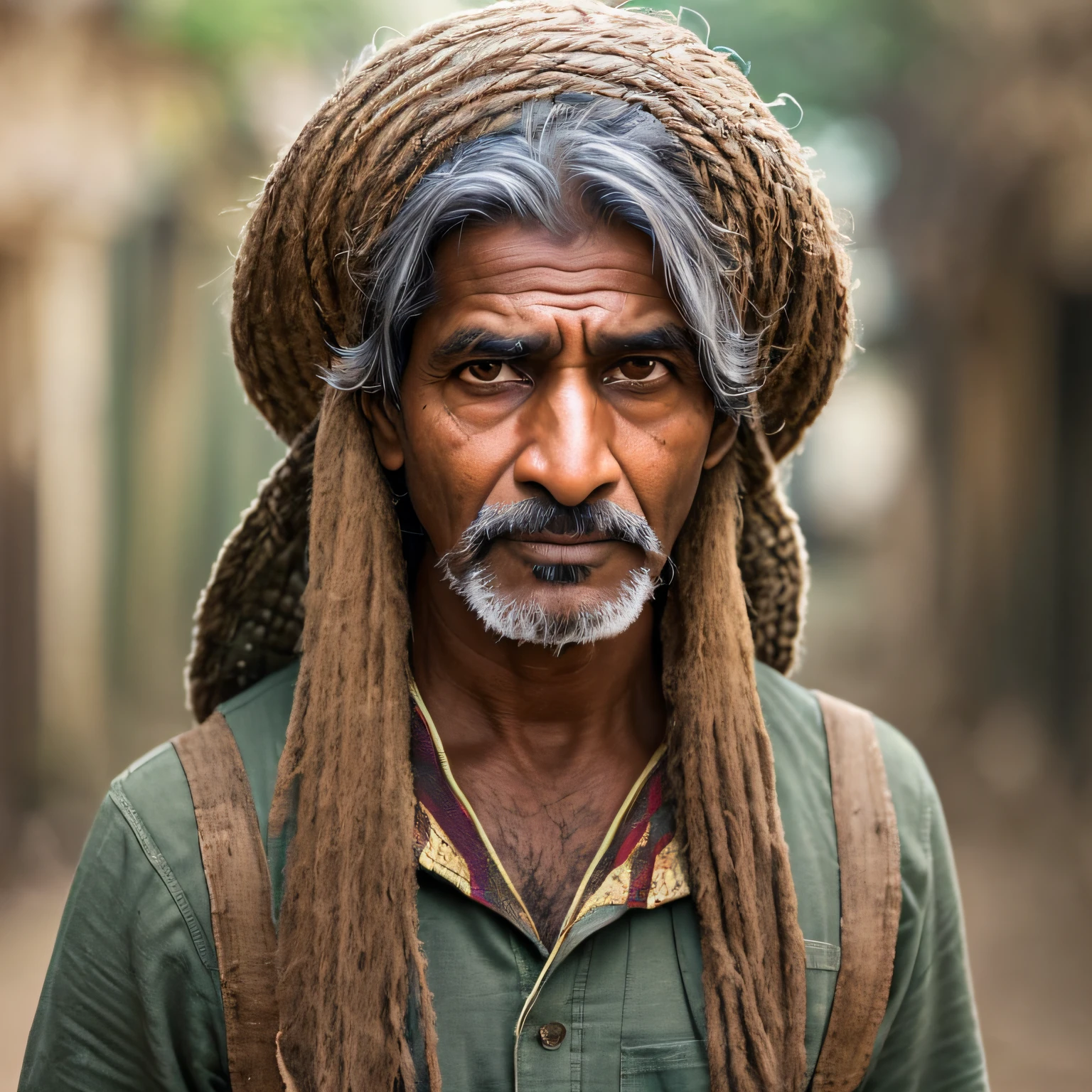 Indian looking at the camera with a brave and curious expression, locais assombrados ao fundo ((roupas casuais - branco: 1.5)), aventureiro, 6D Camera, octanagem render, creepy aesthetic, ghosty aura, Atmosfera misteriosa, rosto detalhado, Aura Explorador, Facing the camera squarely, Homem indiano, cabelo baleado, com pelos negros faciais, homem de 45 anos --auto --s2