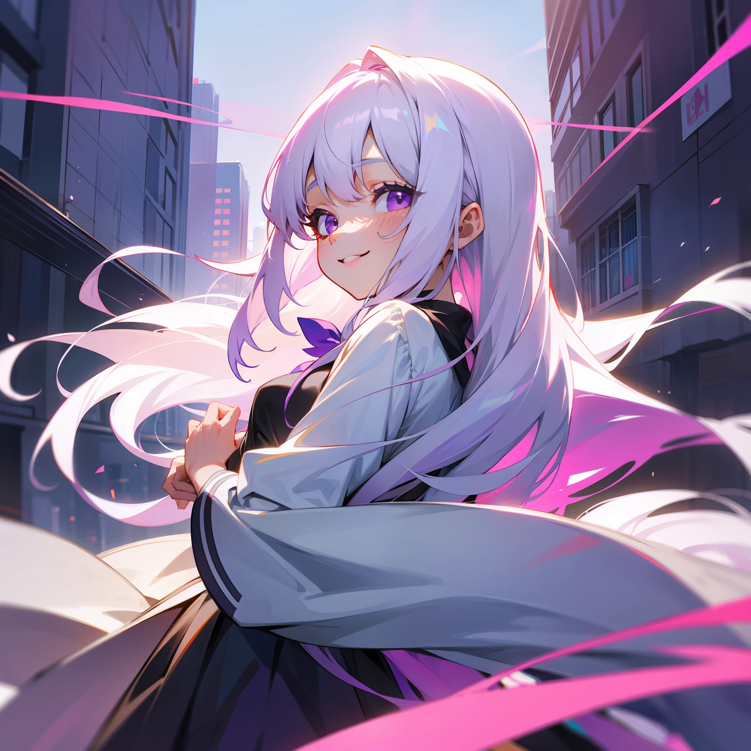 A lovely loli in the city，Bright purple eyes，Long white hair，Turn around and smile at me，
