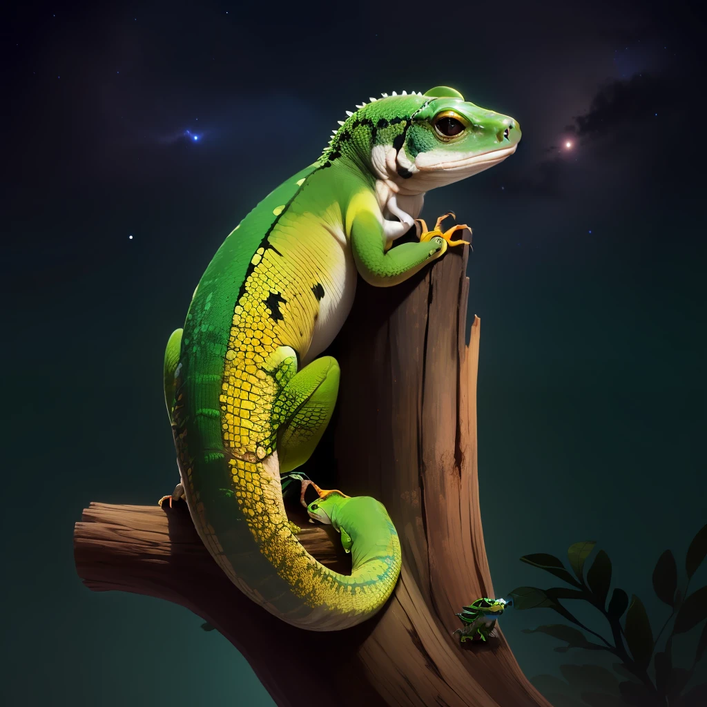 Rhacodactylus leachianus,The gecko lies on a tree trunk,dark night sky,