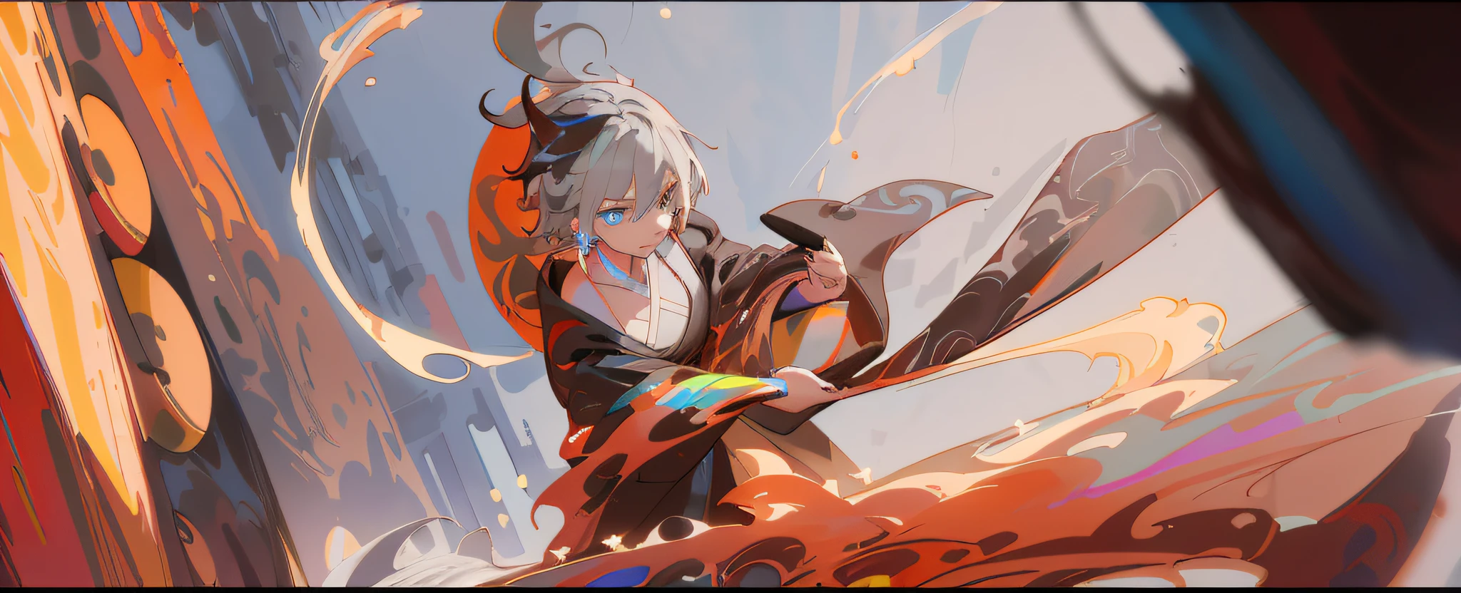 Cyberpunk woman,fansty world,background inside dark,Clean design,Epic Instagram,artstation,Colorful paint splashes,contours,Hyper-detailed intricate details,unreal-engine,fanciful,Complicated details,splash image,complementary colours,fantasy concept art,8K分辨率,A masterpiece of deviantart,oil painted,Heavy strokes,paint drips,(Isolate on a white background:1.3),Rainbow skins,(((A handsome young))), ((teenage:1.5)), (glow blue eyes), ((Eyes have light)),((((Short gray hair:1.1))), ((black-clad)), (A princess\\(Indifferent expression\\),, (((Wearing a luxurious black robe with high details))), A head of white hair,Frost magic,((Bigchest) --v 6