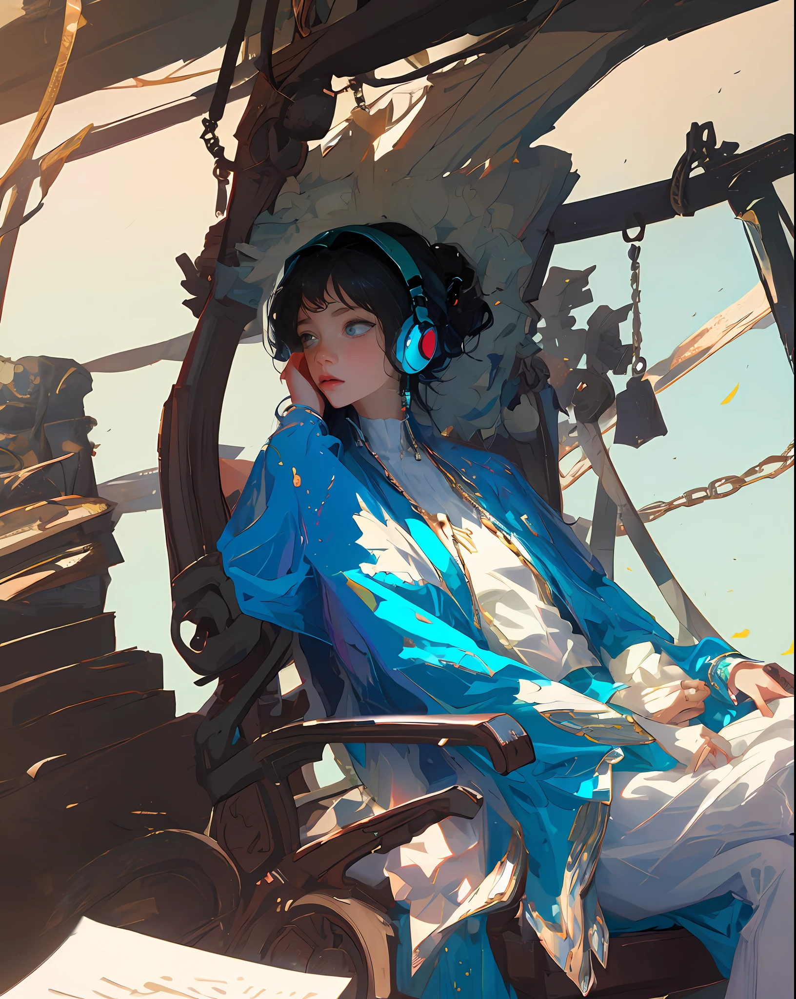 Beautiful woman sitting on a park chair listening to the song with headphones Premium sense figure