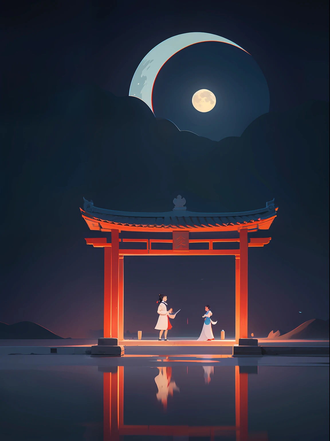 Minimalist illustrations of Chinese ladies, classical, Chinese Zen, minimalism, Chinese animation, Tang dynasty, landscape painting, red and classical blue gradient, a night scene with one people walk through a Chinese porch, water reflection ,moon, zen-like tranquility