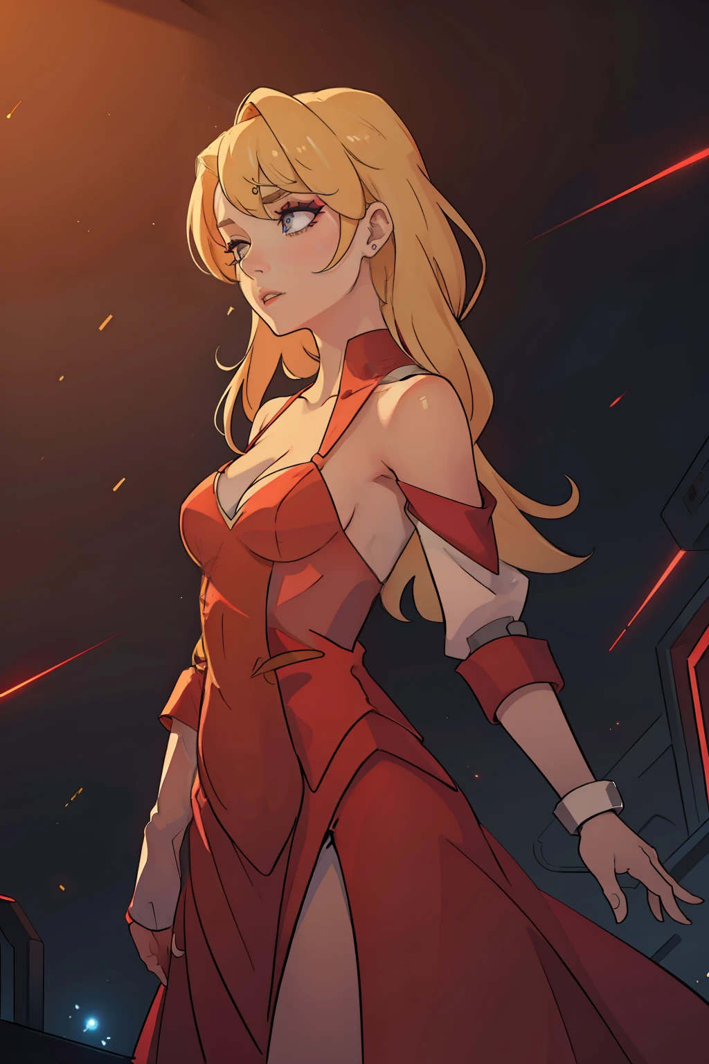 a side view of a mature, beautiful classical opera singer with blonde hair in a fancy sci-fi style, make up in a fancy sci-fi cyberpunk red dress singing on stage eyes closed singing with head back with dramatic bright lighting lens flare