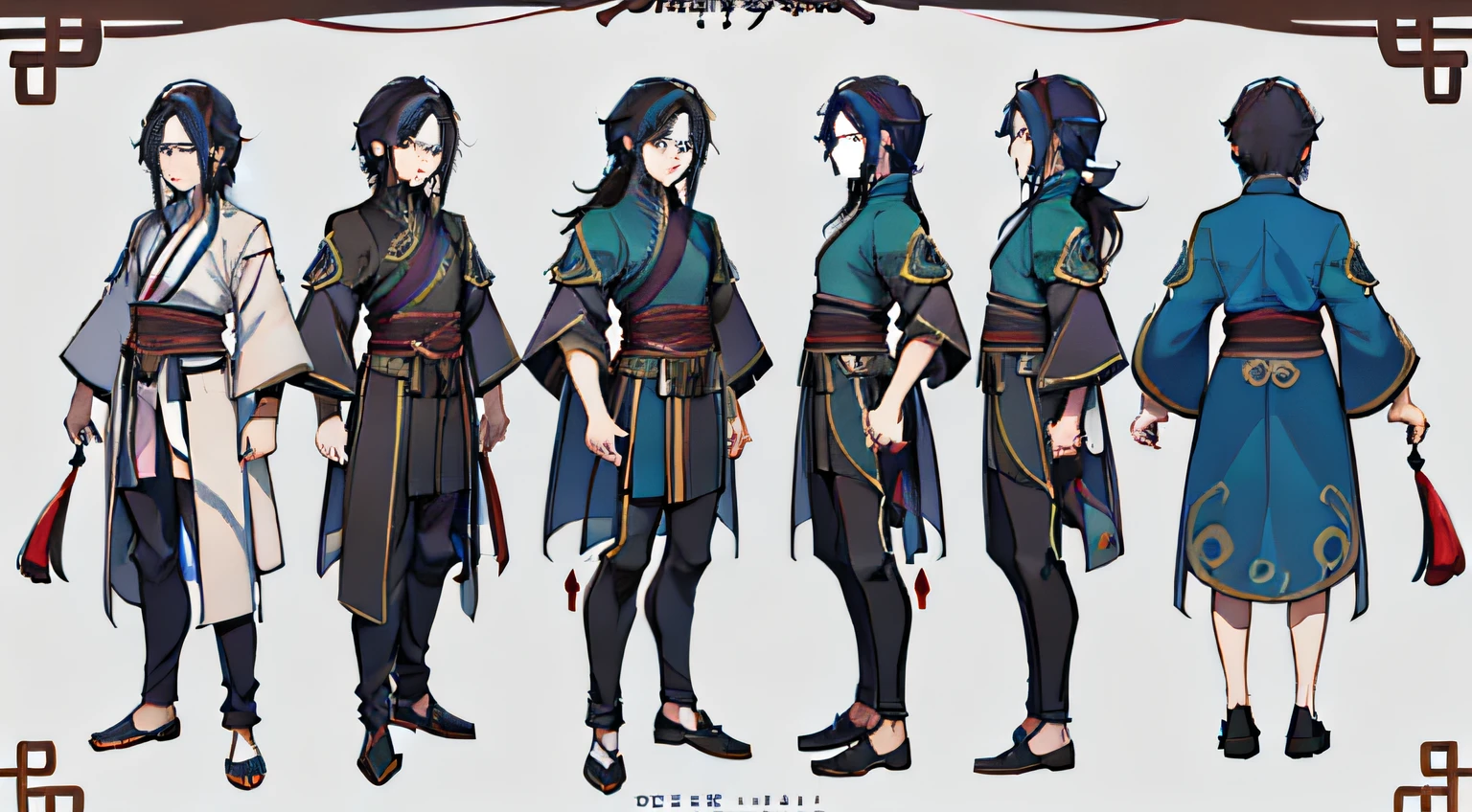1人，（((Fantasy character design，frontage，on  back，Lateral face))）large tall，Lean athletic figure。magical blue eyes，Dark brown hair，Long neat hair。flowing runic robes。Chinese Ancient Times。Fairy wind road bone，(1 man)，handsomeness，Uma personagem，Taoist，CharacterDesignSheet,Same character full body,