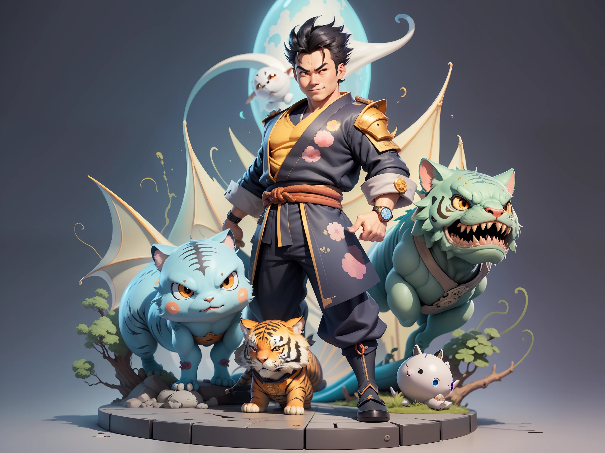 (Masterpiece), (Excellent), (Super Meticulous), (Full Body: 1.2), Super Young Man, Oriental Face, Japanese Kimono, Japanese Wind Thunder God, Dragon, Tiger, TV Anchor, Bust Portrait Illustration, Alone, Black Suit, Blue Tie, Slightly Chubby Face, Very Clean Face, No Beard, Black Super Short Hair, Black Eyes, Confident Smile, 3c Computer Sub-Products, iPad, iPhone, Digital Painting, 3D Character Design by Akira Toriyama and Mark Claireden and Pixar and Hayao Miyazaki, The illustration is a high-definition illustration in 4K resolution with very detailed facial features and cartoon-style visuals.