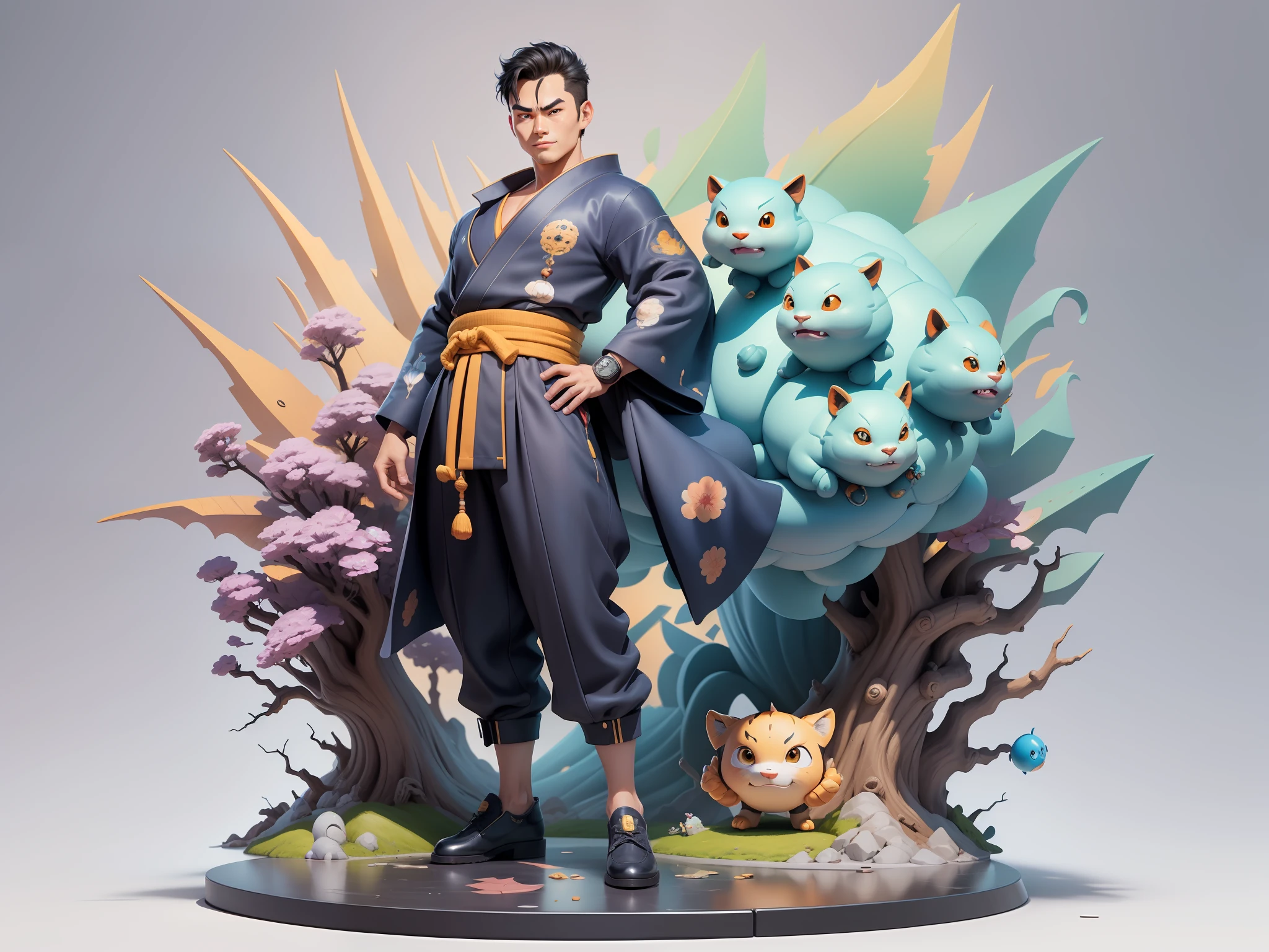 (Masterpiece), (Excellent), (Super Meticulous), (Full Body: 1.2), Super Young Man, Oriental Face, Japanese Kimono, Japanese Wind Thunder God, Dragon, Tiger, TV Anchor, Bust Portrait Illustration, Alone, Black Suit, Blue Tie, Slightly Chubby Face, Very Clean Face, No Beard, Black Super Short Hair, Black Eyes, Confident Smile, 3c Computer Sub-Products, iPad, iPhone, Digital Painting, 3D Character Design by Akira Toriyama and Mark Claireden and Pixar and Hayao Miyazaki, The illustration is a high-definition illustration in 4K resolution with very detailed facial features and cartoon-style visuals.