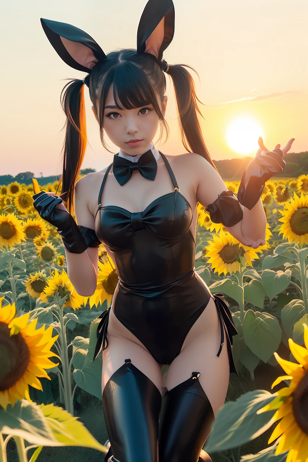 (((Jump sideways)))、(((Black Bunny Girl Hair Band)))、(((twintails hairstyle)))、(((Hair that flutters in the wind)))、Photorealsitic、超A high resolution、Convoluted、ultra-detailliert、(dent in the skin)、Cute、Feminine、Detailed body、Medium chest、(A detailed face: 1.1)、(Outline of the iris)、(Hydrocore Lens)、(perfect eyes)、8K、16k、realisitic、Beautiful fece、(masterpiece: 1.2)、(top-quality:1.2)、wide-hips、slenderbody、Black theme、Optimal ratio of 4 fingers to 1 thumb、actionpose、((Enamel Knee High Boots))、((Enamel Long Gloves)) 、(((maikurobikini)))、(((Bunny girl collar and black bow tie)))、(((Accurately depict limbs))))、NSFW、(((Large sunflower field at sunset)))、(((Contre-Jour)))