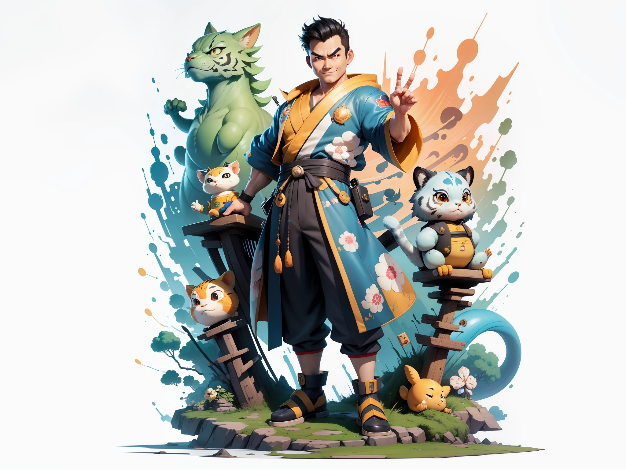 (Masterpiece), (Excellent), (Super Meticulous), (Full Body: 1.2), Super Young Man, Oriental Face, Japanese Kimono, Japanese Wind Thunder God, Dragon, Tiger, TV Anchor, Bust Portrait Illustration, Alone, Black Suit, Blue Tie, Slightly Chubby Face, Very Clean Face, No Beard, Black Super Short Hair, Black Eyes, Confident Smile, 3c Computer Sub-Products, iPad, iPhone, Digital Painting, 3D Character Design by Akira Toriyama and Mark Claireden and Pixar and Hayao Miyazaki, The illustration is a high-definition illustration in 4K resolution with very detailed facial features and cartoon-style visuals.