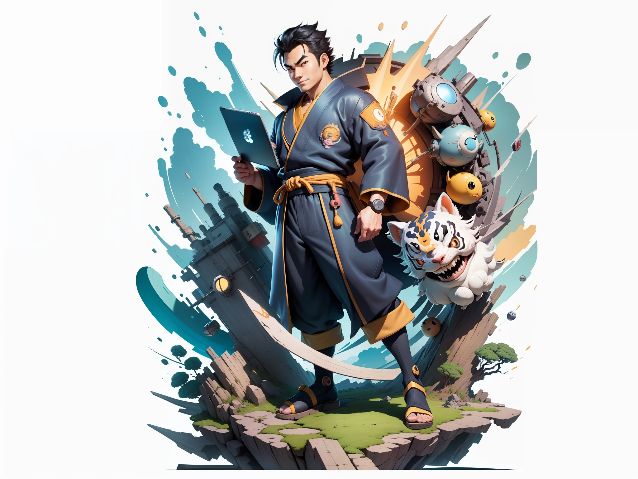(Masterpiece), (Excellent), (Super Meticulous), (Full Body: 1.2), Super Young Man, Oriental Face, Japanese Kimono, Japanese Wind Thunder God, Dragon, Tiger, TV Anchor, Bust Portrait Illustration, Alone, Black Suit, Blue Tie, Slightly Chubby Face, Very Clean Face, No Beard, Black Super Short Hair, Black Eyes, Confident Smile, 3c Computer Sub-Products, iPad, iPhone, Digital Painting, 3D Character Design by Akira Toriyama and Mark Claireden and Pixar and Hayao Miyazaki, The illustration is a high-definition illustration in 4K resolution with very detailed facial features and cartoon-style visuals.