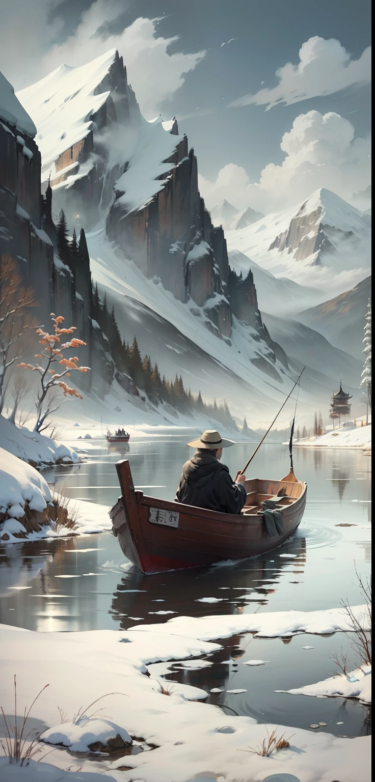 Black and white Chinese ink painting,water ink,ink,Smudge,Winters,nevando,Oyuki,In the distance, the mountains on all sides are covered in thick snow,On an empty and wide river, On a lonely ship, An old man in a robe sits fishing,Ultra vision,at centre,Lonely boats,Fishing alone in the cold river snow,Empty River,Ethereal breath,Beautiful artistic conception,Ancient Chinese poetry
