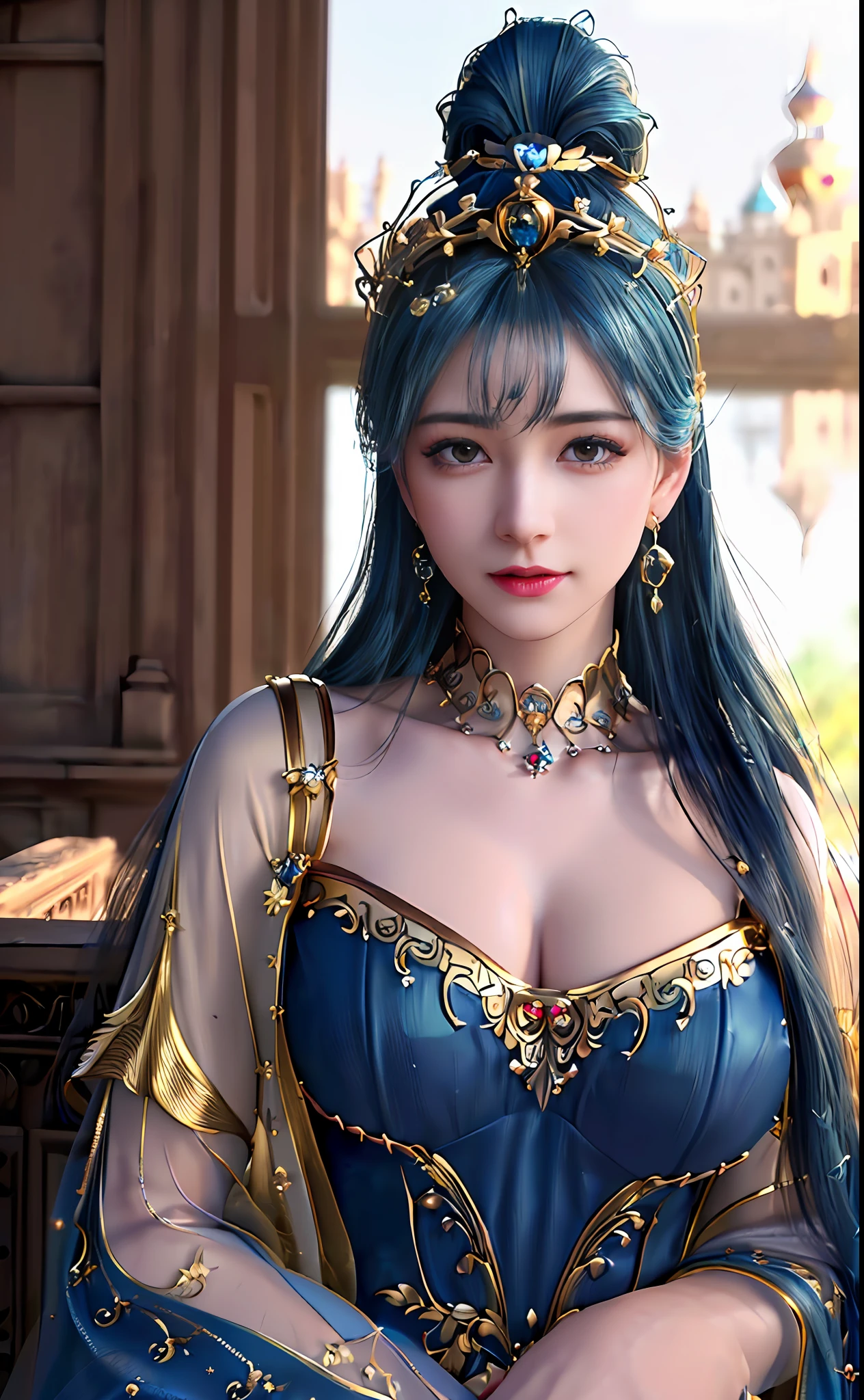 ((realisticity: 1.2)), ((best resolution: 8K UHD)), best quality,masterpiece,highres,cg,
((1 super detailed and super realistic girl)), ((very beautiful queen dazzling, super realistic, and super detailed)),((white skin, beautiful, smooth, youthful, super realistic and super detailed
)), long hair, ((super realistic and super detailed dress)), solo, ((super realistic, super beautiful, gorgeous and super detailed jewelry)), ((super beautiful, super realistic and super detailed dark blue and golden yellow dress)),
((super beautiful, super realistic, super detailed diamond filled earrings)),
  ((super beautiful, super realistic and super detailed diamond filled hair ornament)), ((super beautiful upper body, super beautiful, super realistic and super detailed)), ((big breasts: 2.5)), 
((super grand, super realistic and super detailed royal palace backgroun))
((super beautiful, super beautiful, super realistic and super detailed hair bun)), ((super beautiful, super realistic and super detailed blue hair)),
candid, Photograph, high resolution, 8k,Bokeh,