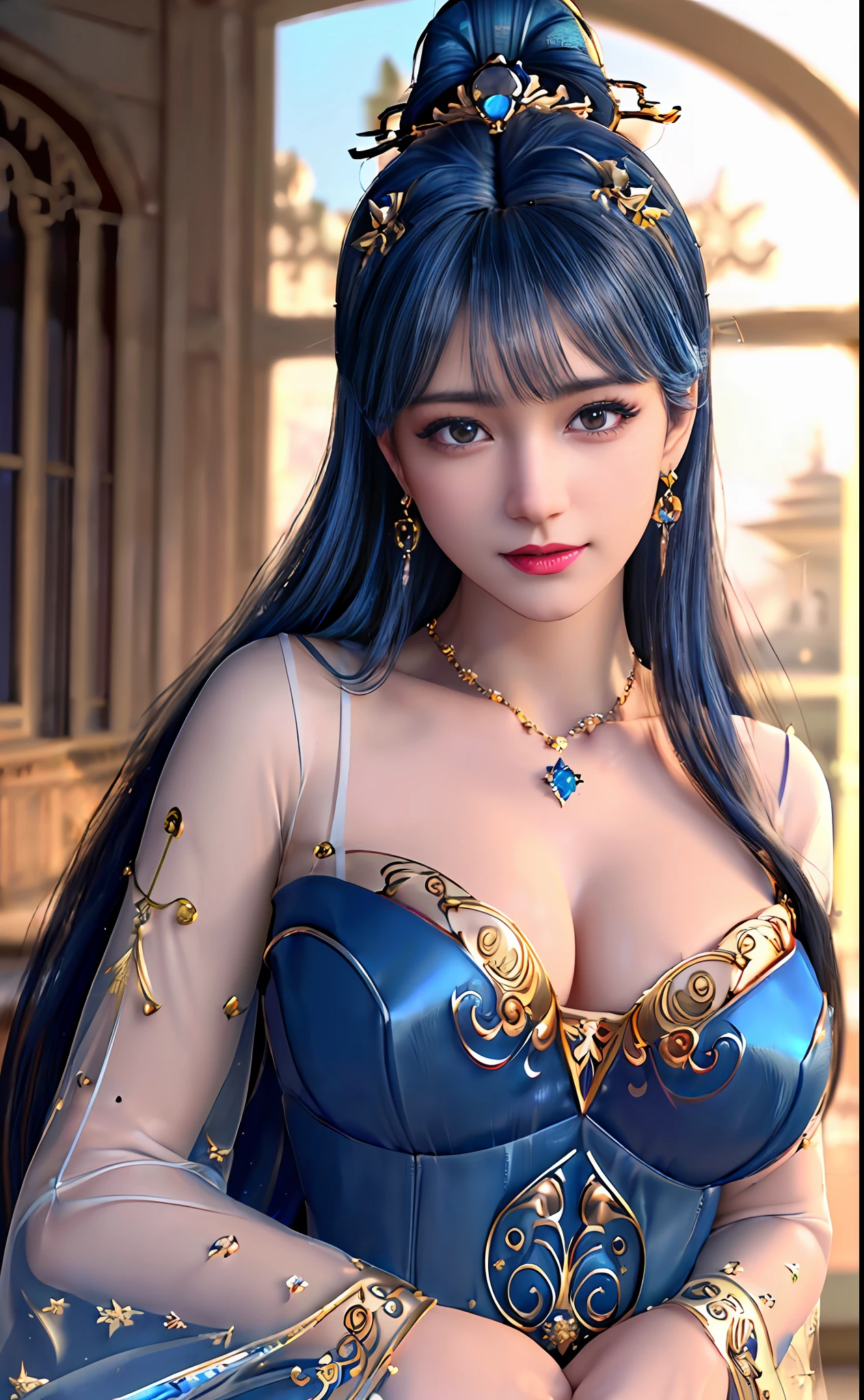 ((realisticity: 1.2)), ((best resolution: 8K UHD)), best quality,masterpiece,highres,cg,
((1 super detailed and super realistic girl)), ((very beautiful queen dazzling, super realistic, and super detailed)),((white skin, beautiful, smooth, youthful, super realistic and super detailed
)), long hair, ((super realistic and super detailed dress)), solo, ((super realistic, super beautiful, gorgeous and super detailed jewelry)), ((super beautiful, super realistic and super detailed dark blue and golden yellow dress)),
((super beautiful, super realistic, super detailed diamond filled earrings)),
((super beautiful, super realistic and super detailed diamond filled hair ornament)), ((super beautiful upper body, super beautiful, super realistic and super detailed)), ((big breasts: 2.5)),
((super grand, super realistic and super detailed royal palace backgroun))
((super beautiful, super beautiful, super realistic and super detailed hair bun)), ((super beautiful, super realistic and super detailed blue hair)),
candid, Photograph, high resolution, 8k,Bokeh,
