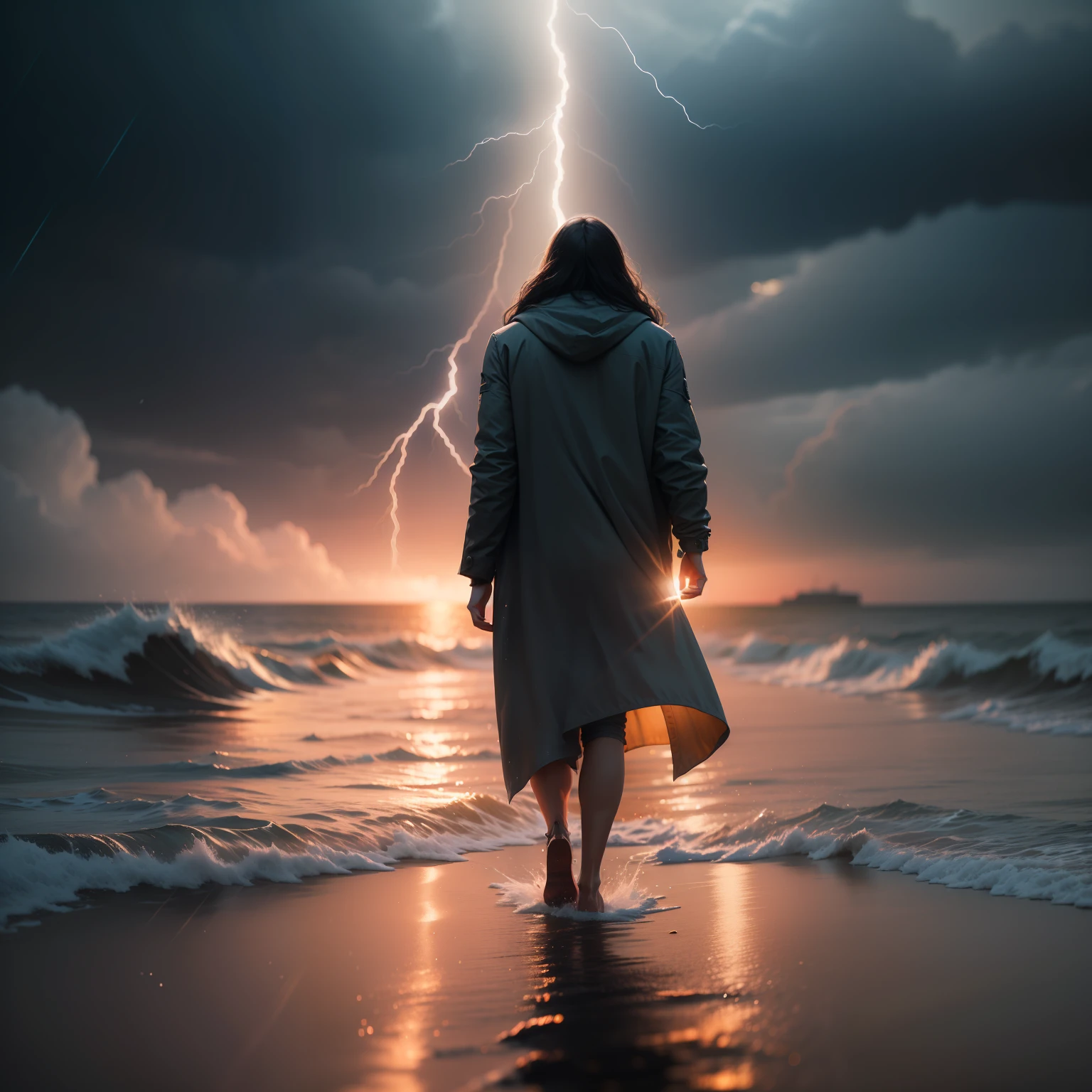 jesus walking on water in a storm, masterpiece, best quality, high quality, extremely detailed CG unit 8k wallpaper, award winning photography, Bokeh, Depth of Field, HDR, bloom, Chromatic aberration, photorealistic, extremely detailed, trending on artstation, trending on CGsociety, intricate, high detail, dramatic, mid-journey art, volumetric lighting