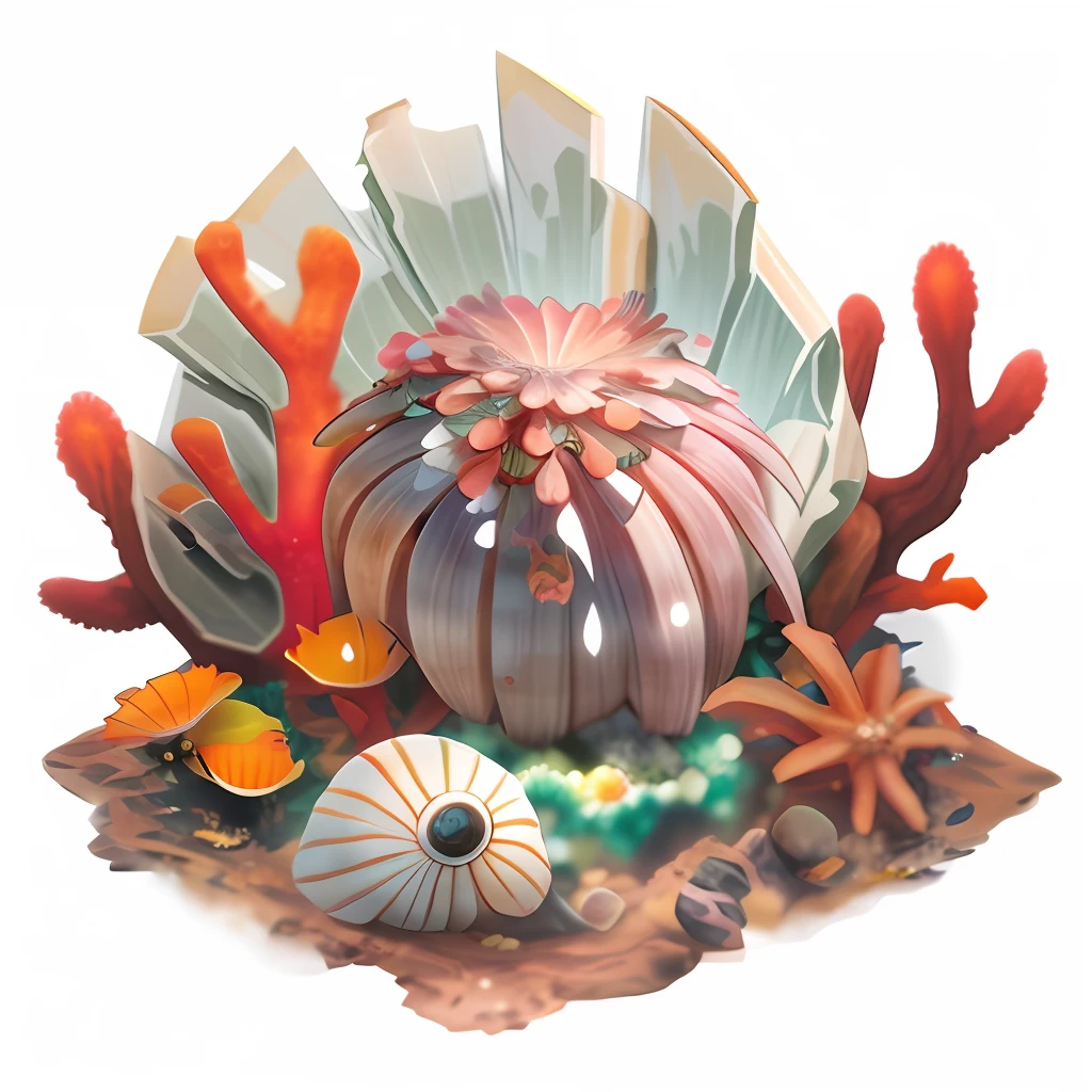 There is a small decoration on the table, hermit crab titan, sea anemone, graphic of enchanted terrarium, corals are gemstones, Nautilus, spike shell, barnacle, tropical reef, the reef, masterpieceunderwater scene, seashell, Fungal polyps, Marine life, concept-art, Large shell, concept-art, marine plant