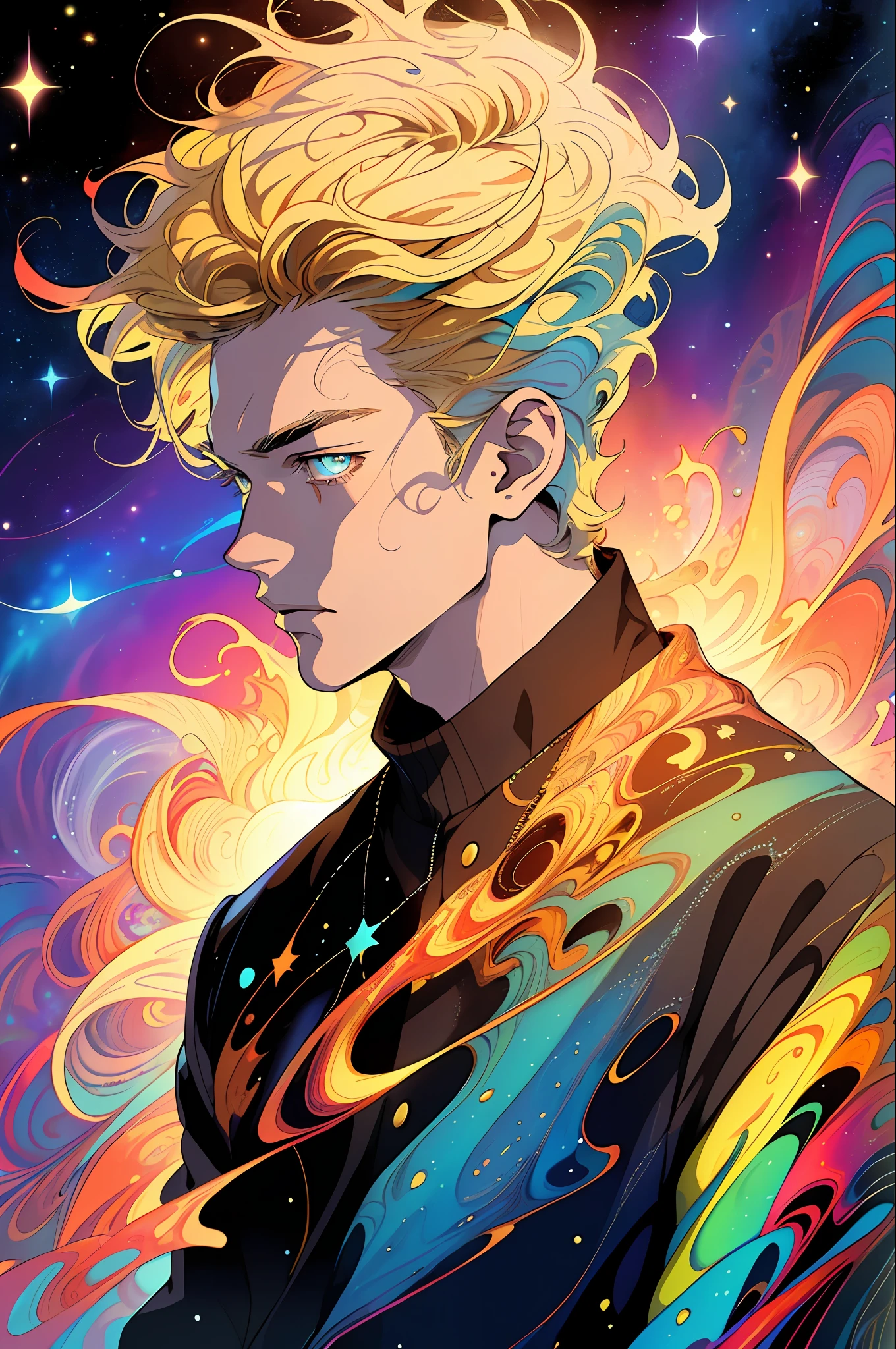 Realistic, (Masterpiece, Top Quality, Best Quality, Official Art, Beauty and Aesthetics: 1.2), Very Detailed, Fractal Art, Colorful, Most Detailed, Zentangle, (Abstract Background: 1.5) (1boy: 1.3), God, Blonde Hair, Short Hair, (Glowing Blue Eyes), Mysterious, (Magic), Starry Sky, Handsome Man