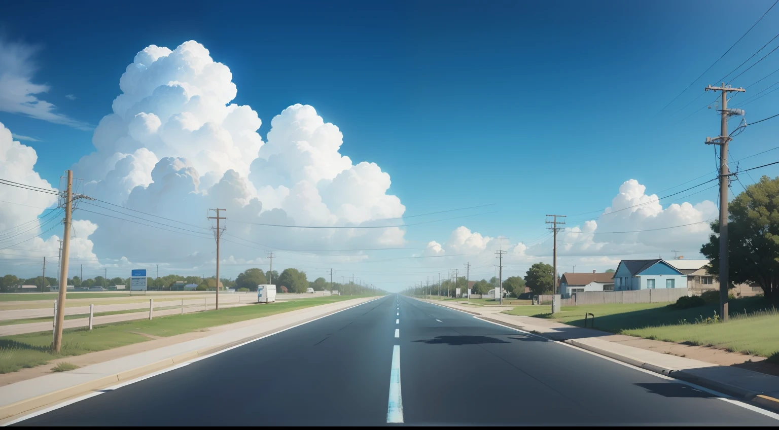 Blue sky Faint clouds Road from left to right No plants No utility poles