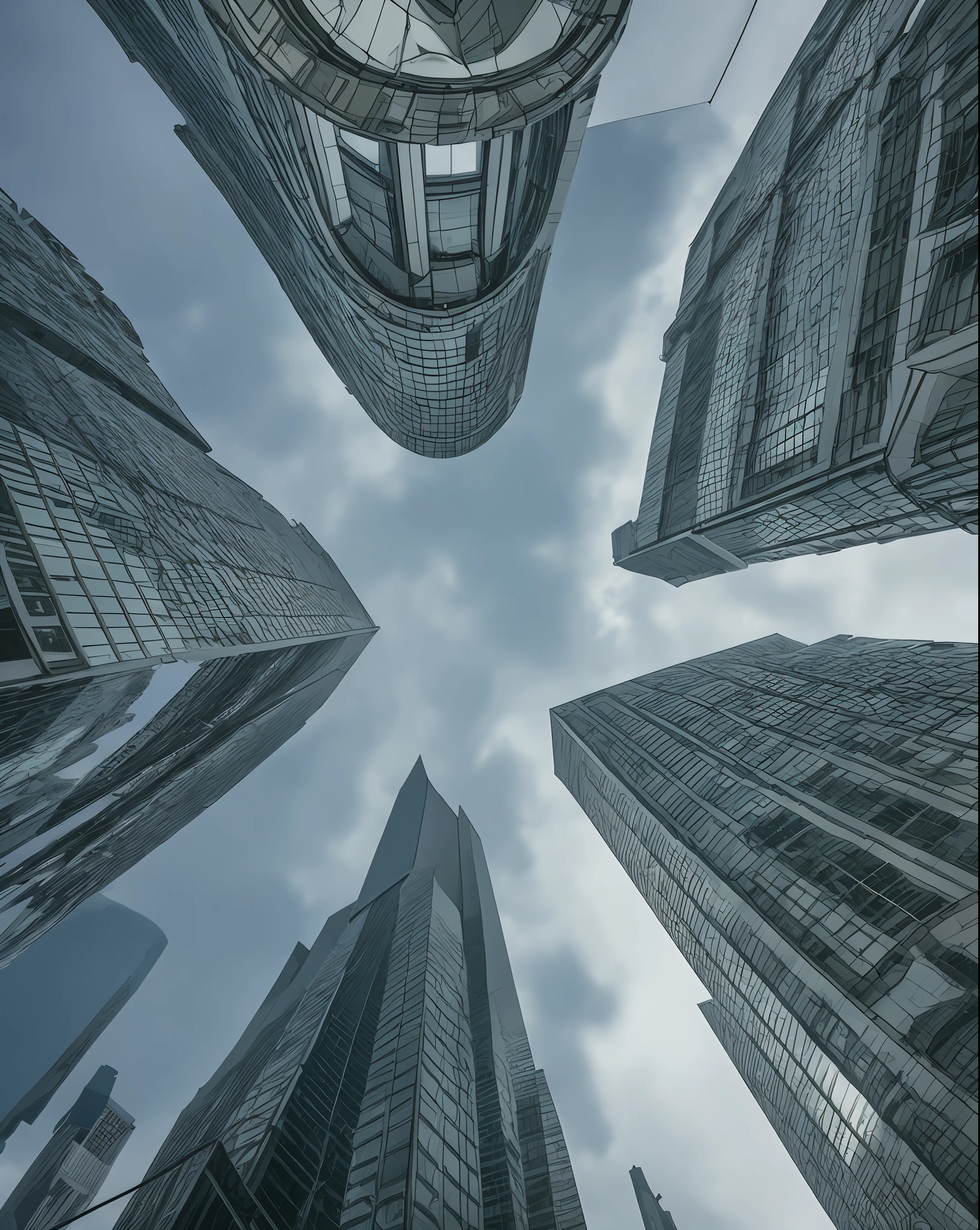 arafed view of a city with tall buildings and ominous skies, low angle photo, perspective from below, looking up perspective, low angle looking up, low angle photograph, dynamic low angle shot, looking from slightly below, low angle wide shot, extreme low angle shot, looking up, low angle photography, shot from a low angle, distorted perspective