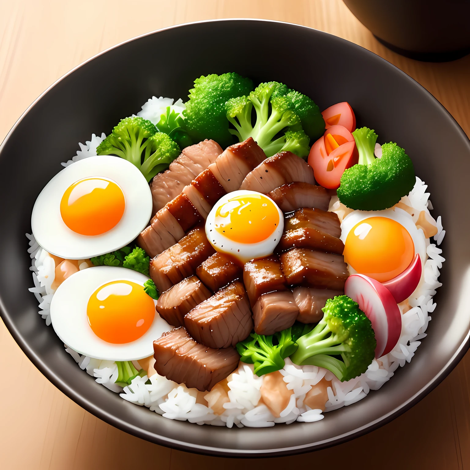 Dog eating, animation, high quality, high resolution, rice bowl, fried egg, braised pork, diced radish, beans, rice, broccoli