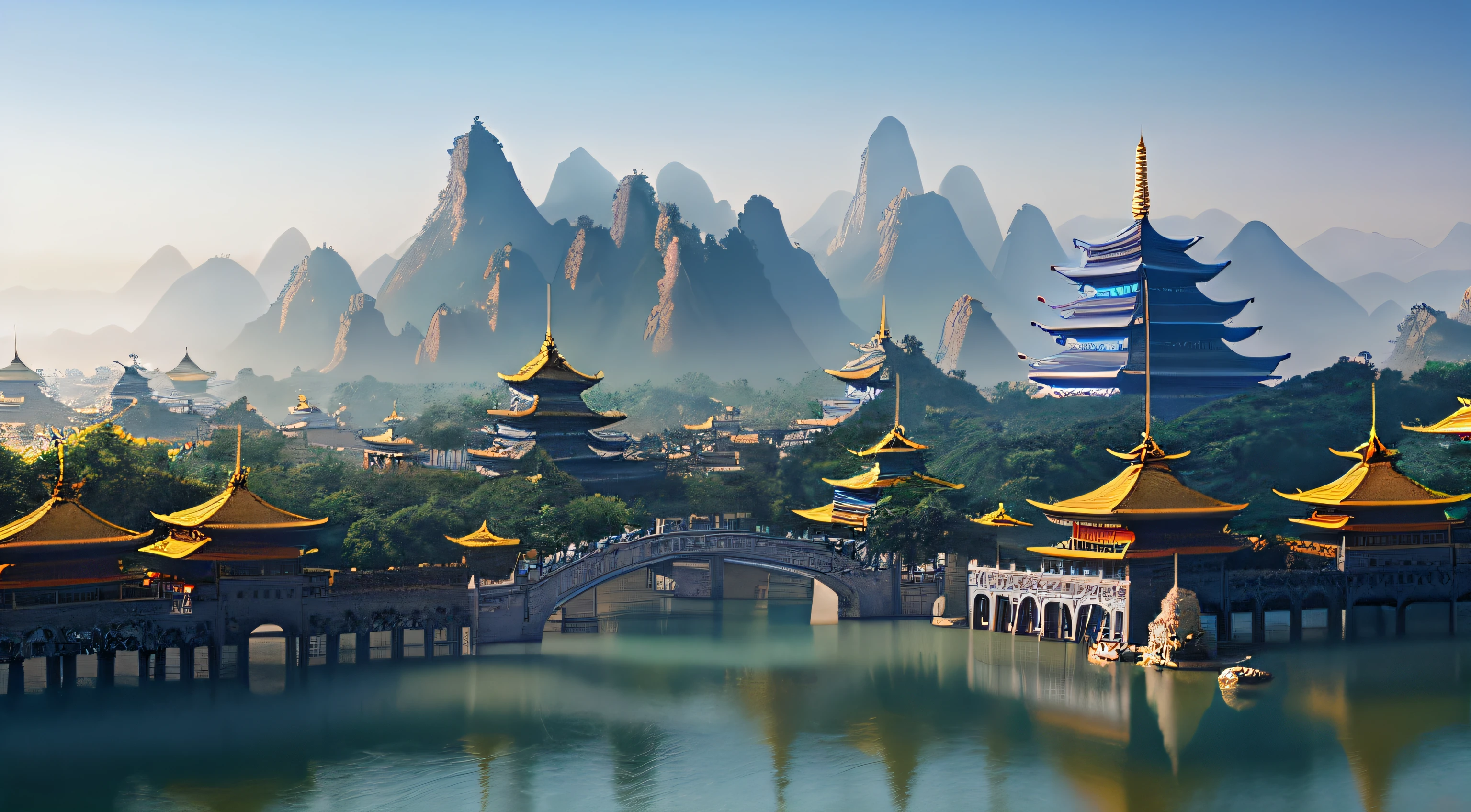 View of Alafid of a mountain with bridges and pagodas, Beautiful rendering of the Tang Dynasty, high quality matte painting, exquisite matte painting, 3d rendered matte painting, matte painting scenery, beautiful matte painting, 4 k matte painting, dreamy Chinese towns, 3d matte painting, 3 d render and matte painting, extravagant matte painting, matte painting v ray