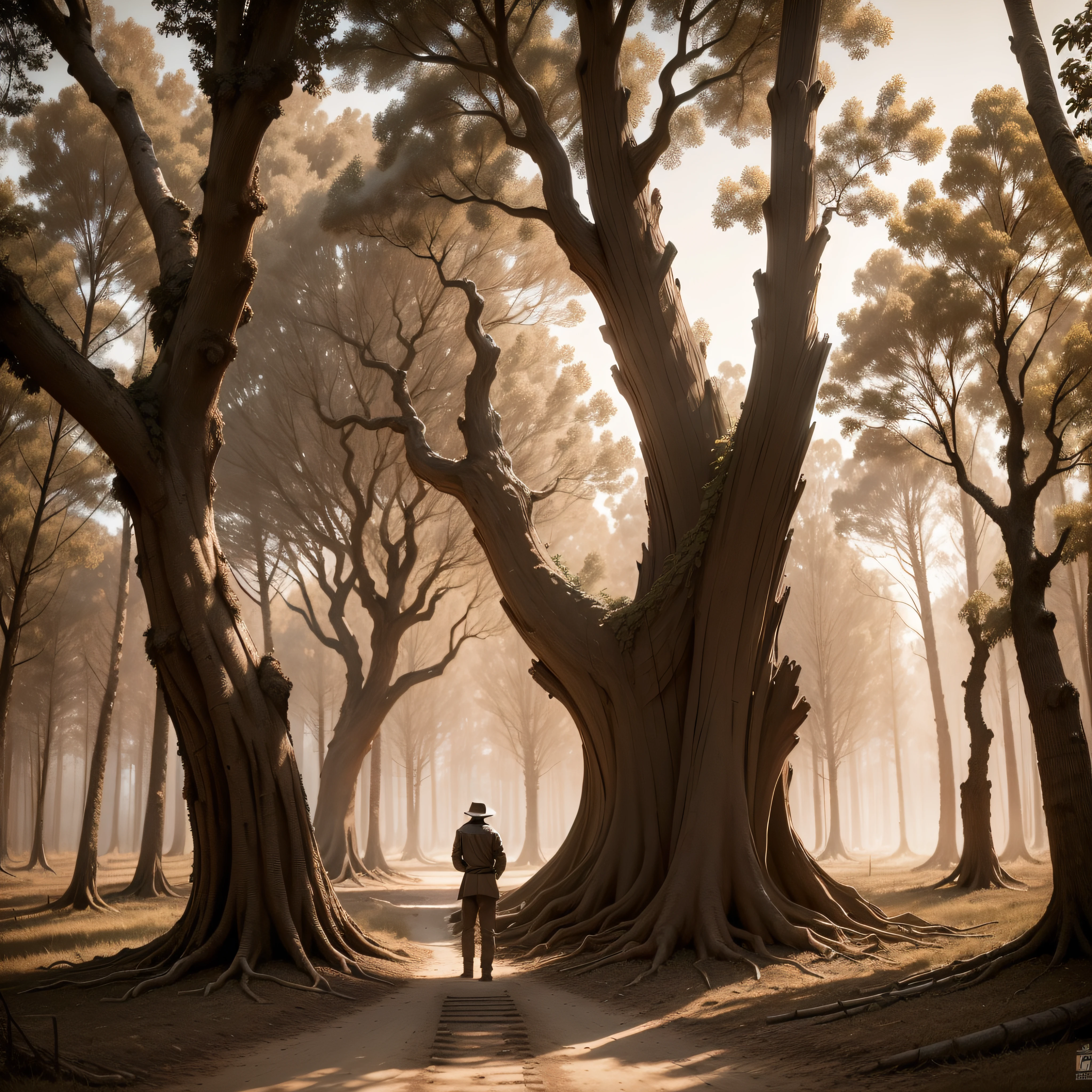 (extremadamente detallado, obra maestra, La mejor calidad, Tono sepia), un hombre con un hacha camina por un bosque. burned trees. Escultura renacentista en ruinas. soviet. Daytime Lighting.