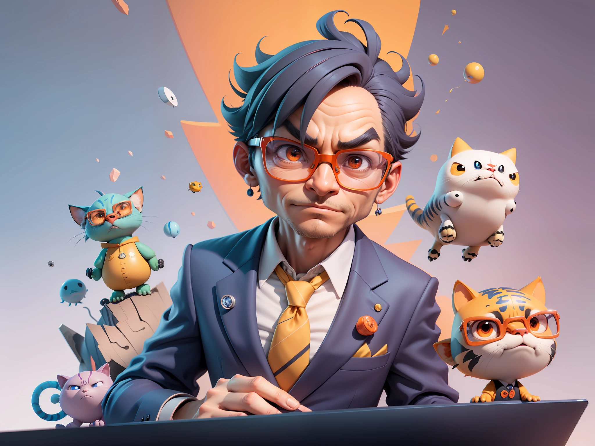 A young man in a suit, Short hair and glasses sat at his desk,holding laptop,digitial painting,tigre,3D character design by Mark Clairen and Pixar and Hayao Miyazaki and Akira Toriyama,4K HD illustration,Very detailed facial features and cartoon-style visuals。