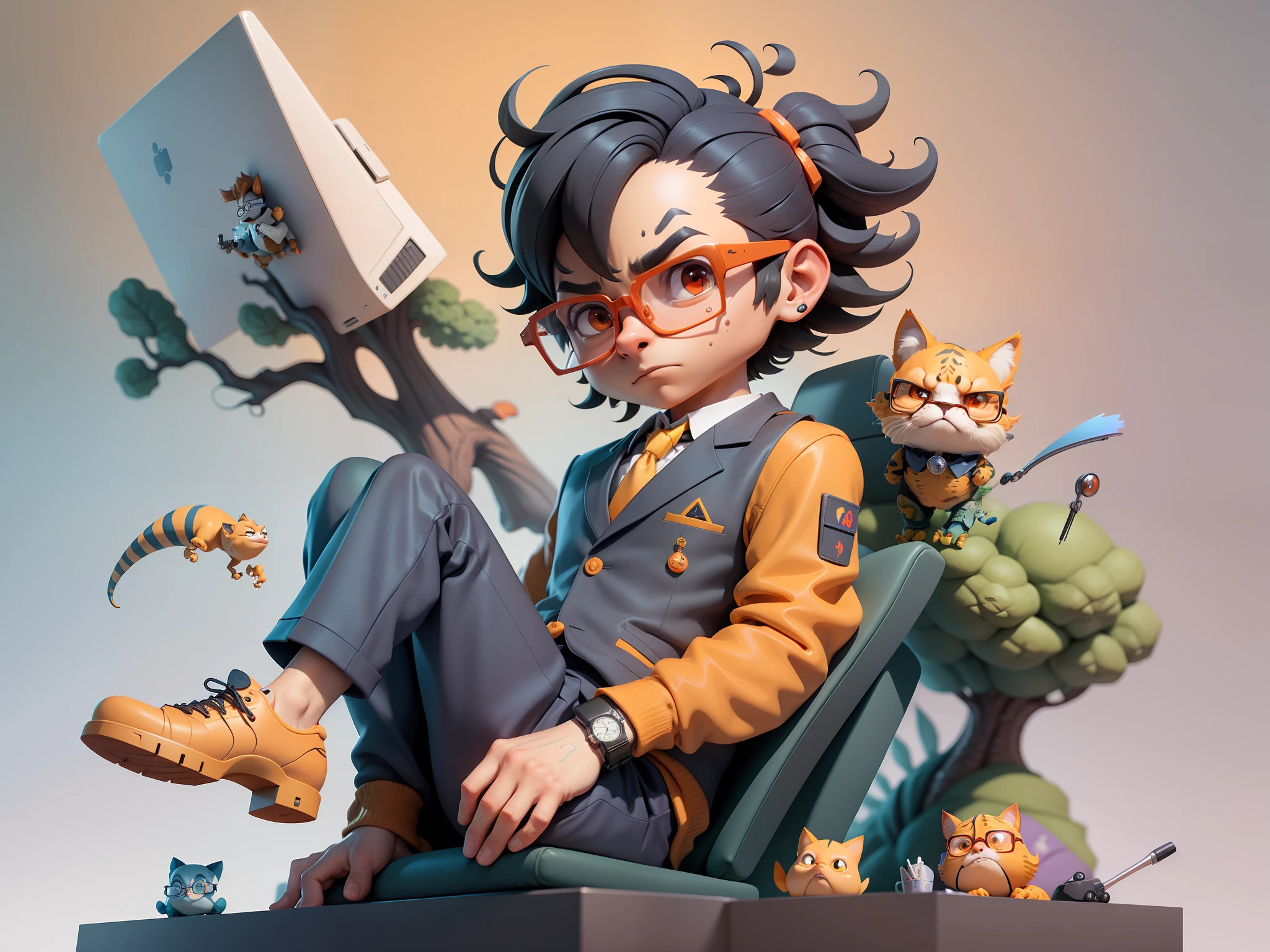 A young man in a suit, Short hair and glasses sat at his desk,holding laptop,digitial painting,tigre,3D character design by Mark Clairen and Pixar and Hayao Miyazaki and Akira Toriyama,4K HD illustration,Very detailed facial features and cartoon-style visuals。