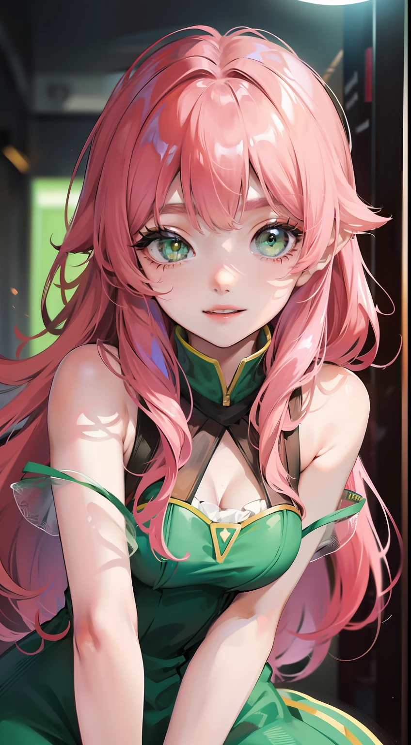 young girl, long pink hair, Green eyes, green light dress, ssmile, Masterpiece, hiquality