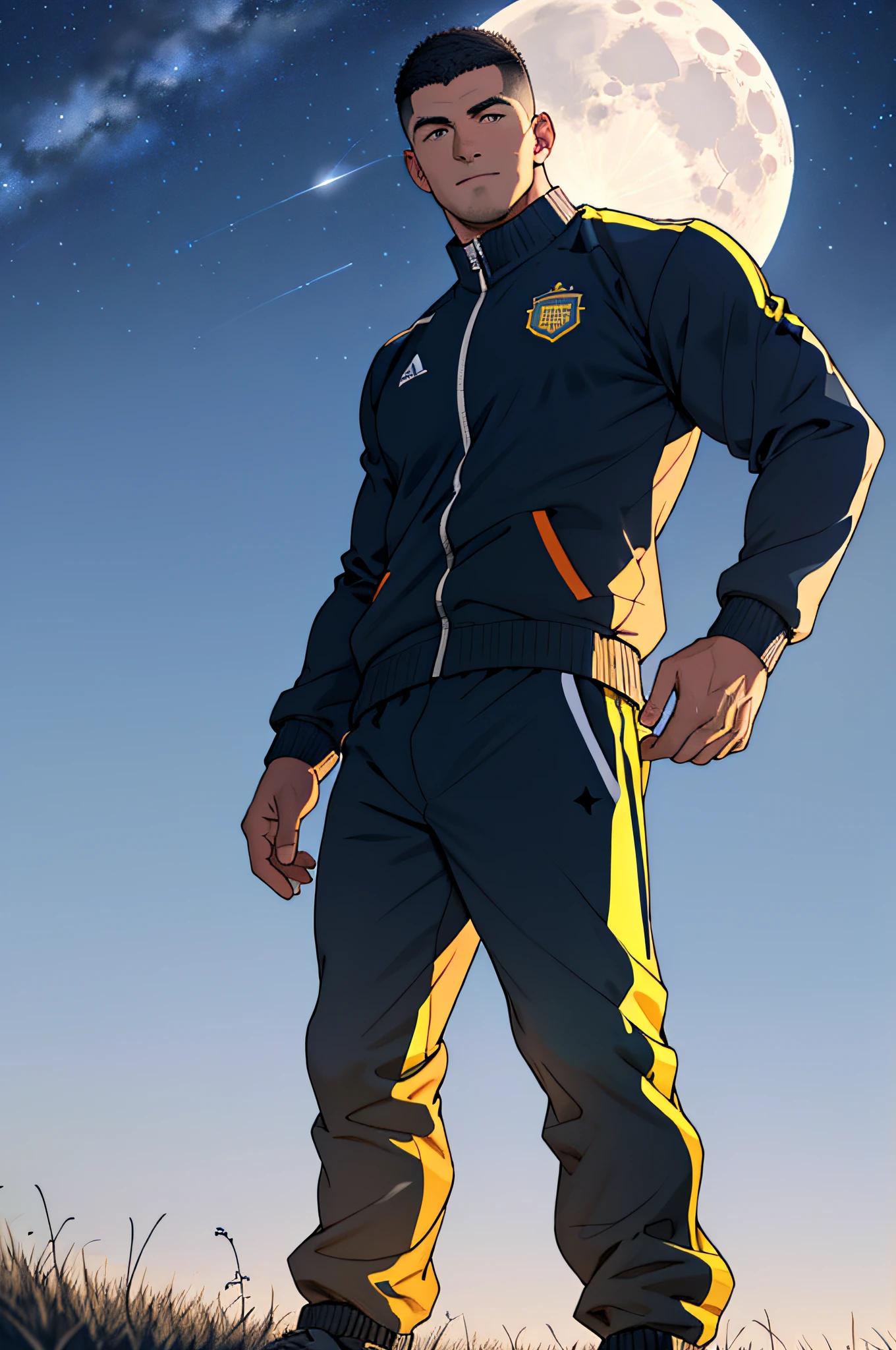 Draw a full-fledged footballer,Standing on the steppe at night,He was wearing a tracksuit,The man looks confident and determined,looking-down,Crew cut,full bodyesbian,Stars dot the sky,shooting from below,Big moon highlights background