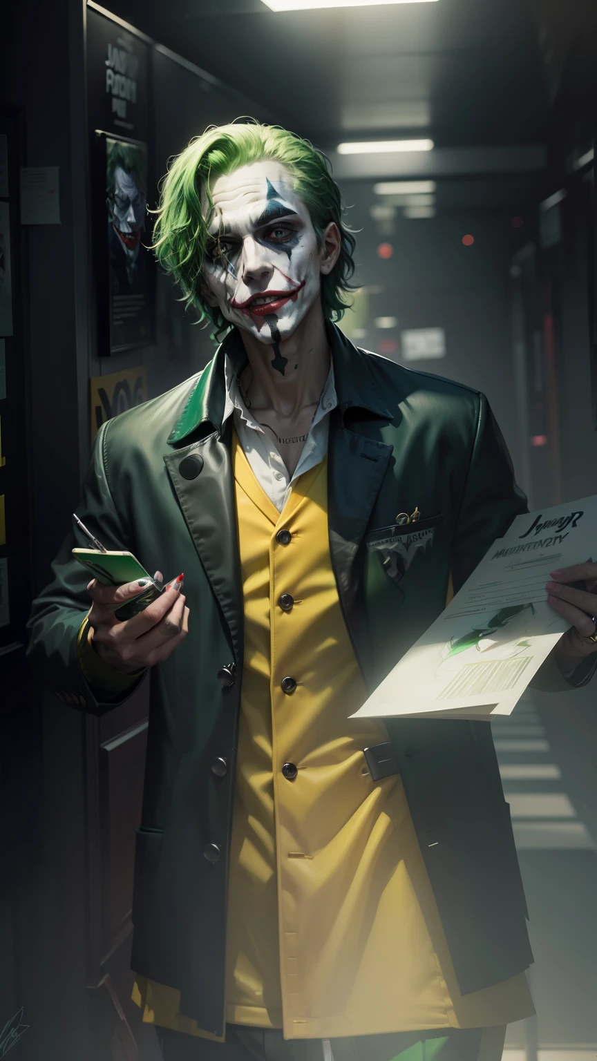 joker painting of a man with green hair and a yellow jacket, digital art by Nicholas Marsicano, reddit, digital art, portrait of joker, portrait of the joker, portrait of a joker, the joker, joker, from joker (2019), #1 digital painting of all time, # 1 digital painting of all time, film still of the joker