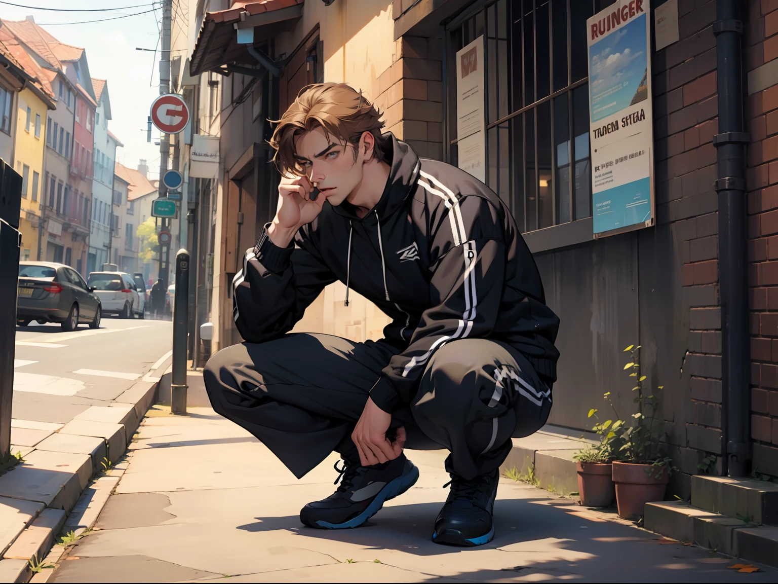 Full body, squatting handsome guy, looking up, leaning sideways, with one leg supporting the ground,