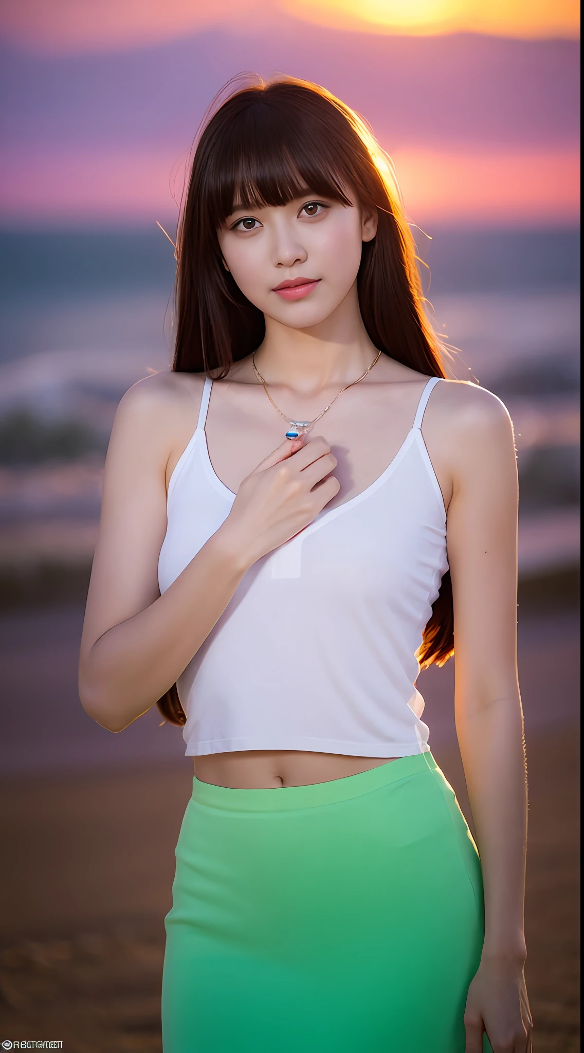 realisticlying， A high resolution：1.3）， 1 girl with a perfect body， Super fine face and eyes，long whitr hair，Asymmetrical bangs，Wearing necklaces and earrings， Short sleeved white shirt：1.2，Superskirt, ，Hit in a random pose，beautiful purple sunset at beach，strong rim light, middlebreast，Anatomically normal，Glow particle effect，