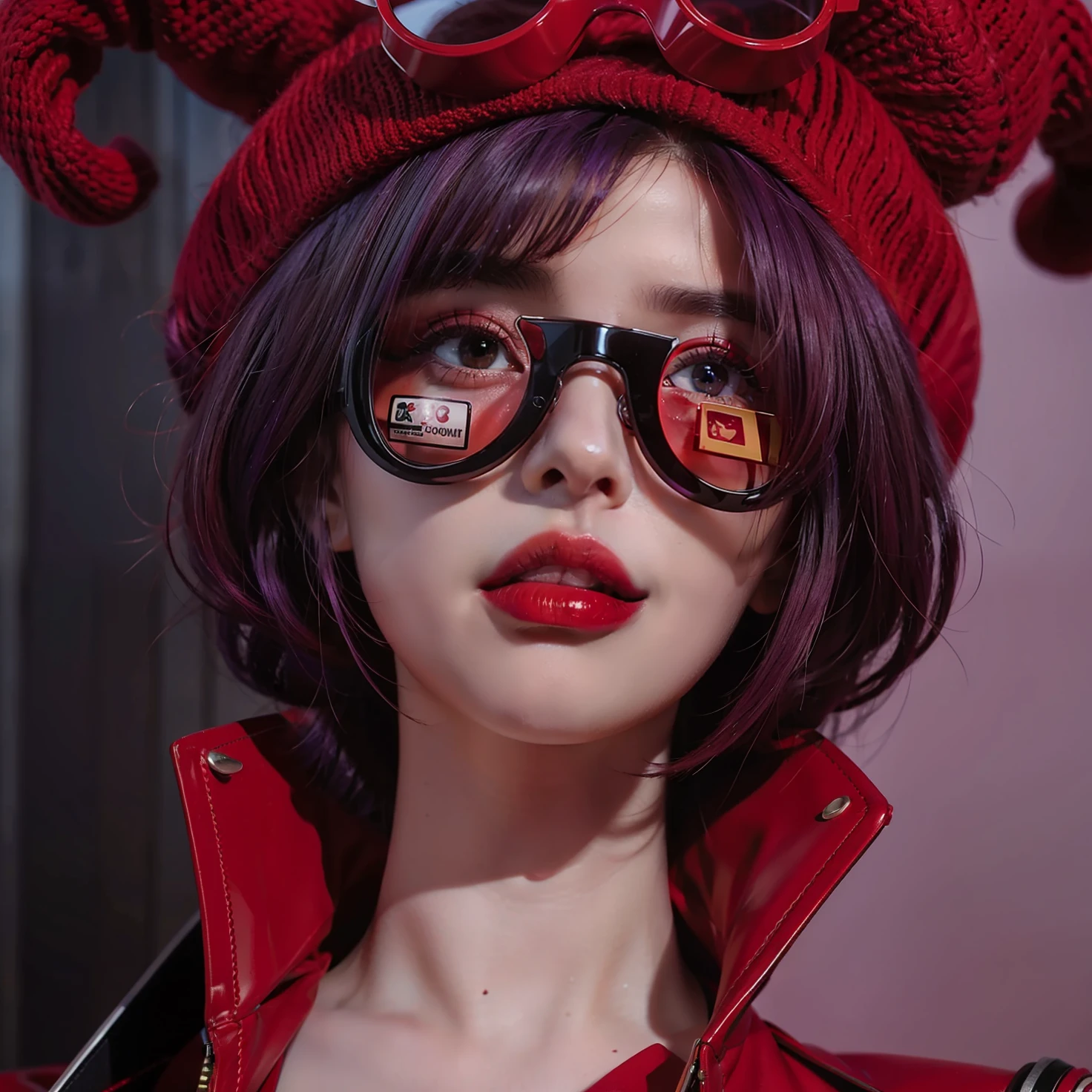 red cockscomp,red lens glasses,purple hair