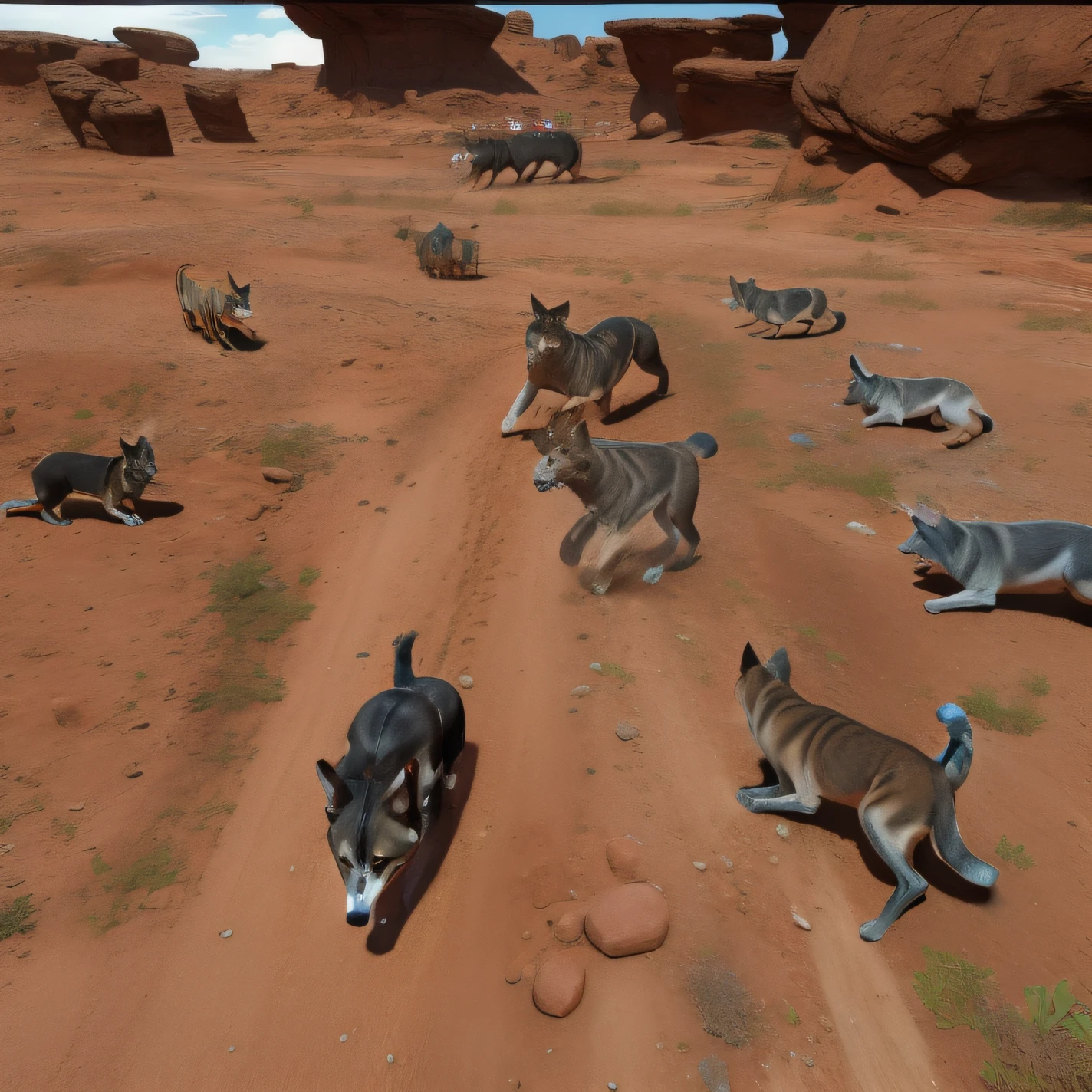 There are a lot of animals in the dirt together, Wild scenes, thylacine, depicted as a 3 d render, high quality screenshot, realistic scene, corgis in no man's sky, highly rendered!!, animals chasing, hyper realisitc, video game screenshot>, animals running along, rendered in cryengine, Wild art, gameplay still, Ultra photo realsisim