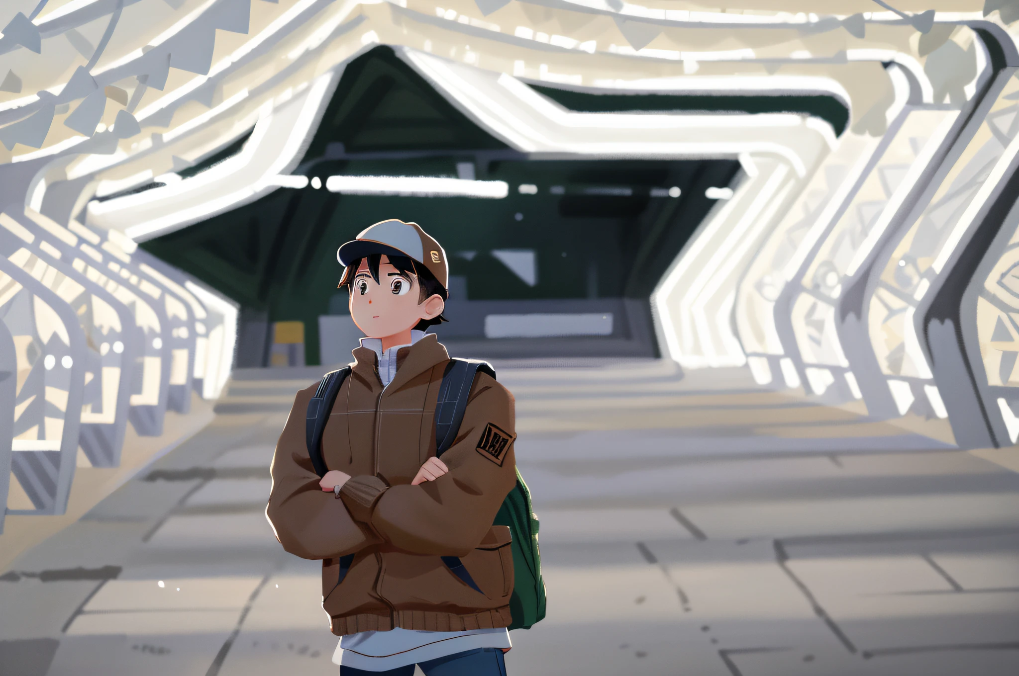 One in the aisle stood wearing a hat,Boy with backpack。Cartoon style,Hyper rewrite,Comic style,Beautiful facial features,4k画质,8K quality