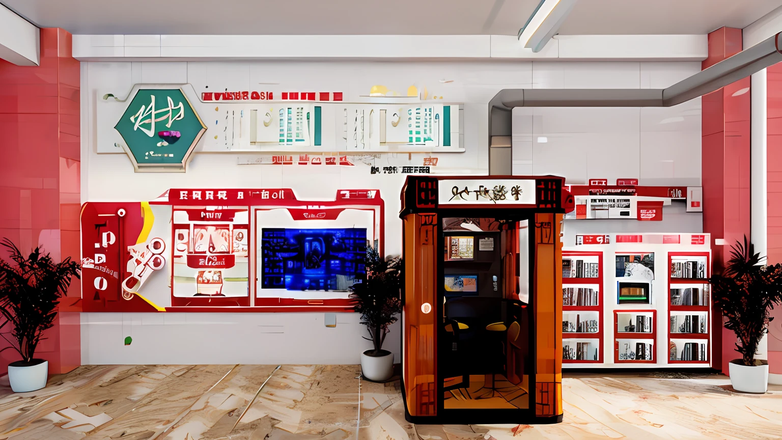 There is a small telephone booth in one building，There is a sign on the wall。, kantai collection arcade, photograph of 3d ios room, an escape room in a small, capsule hotel, show room scene, gaming room in 2 0 4 0, overlaid with chinese adverts, shenzhen, trending at cgstation, amusement park interior design, a digital rendering