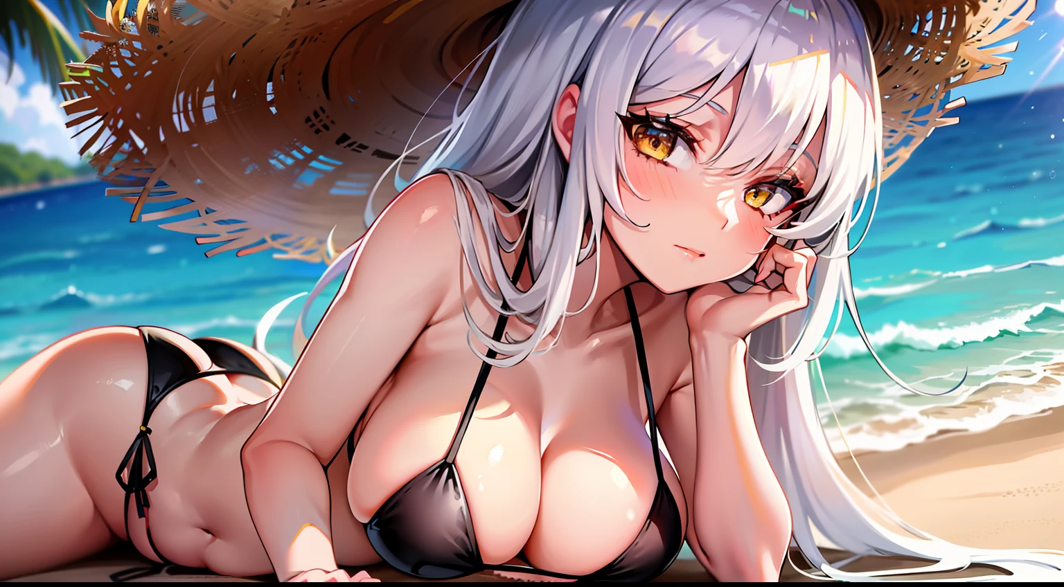 1girll, Yellow eyes, long whitr hair, White hair,Wearing a small sun hat,Wearing a string bikini,Lying on the sunny beach,Stretch the limbs,Large breasts,closing her eyes