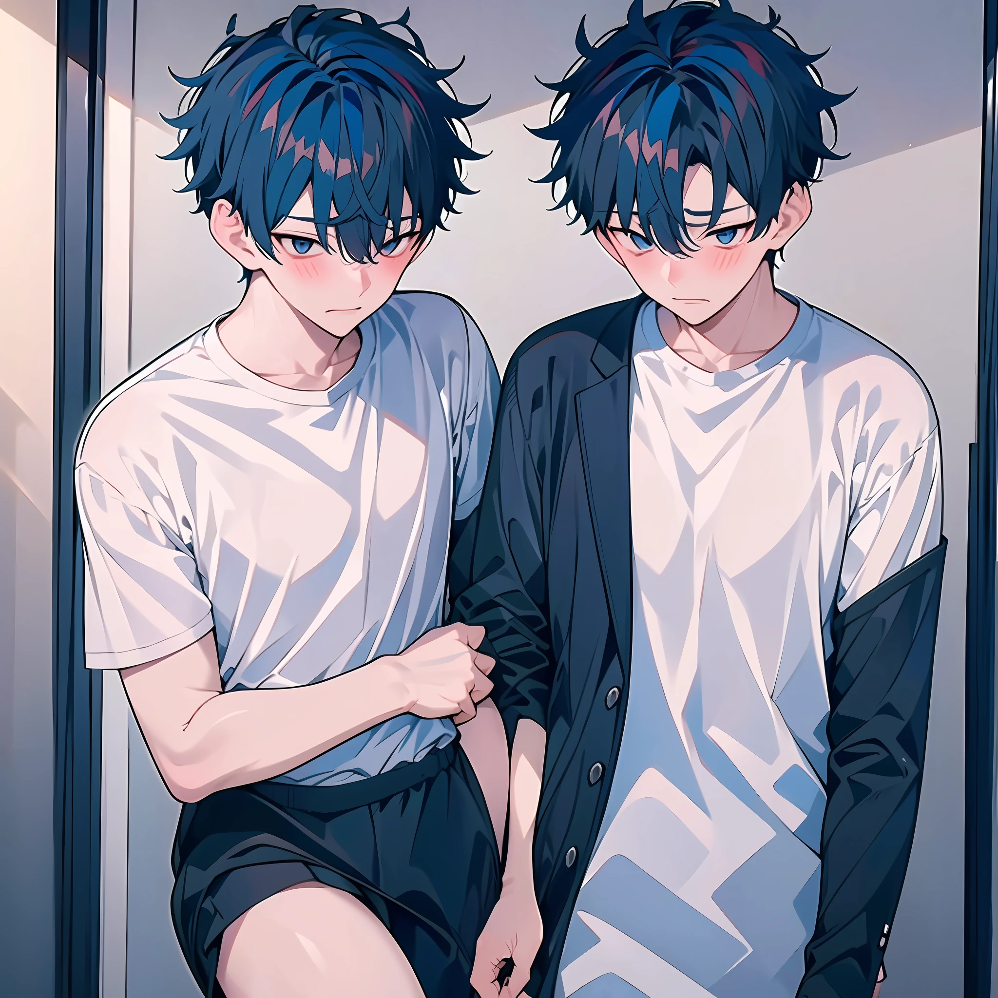 1 boy,blue hair,Differential crushing cap,school ground