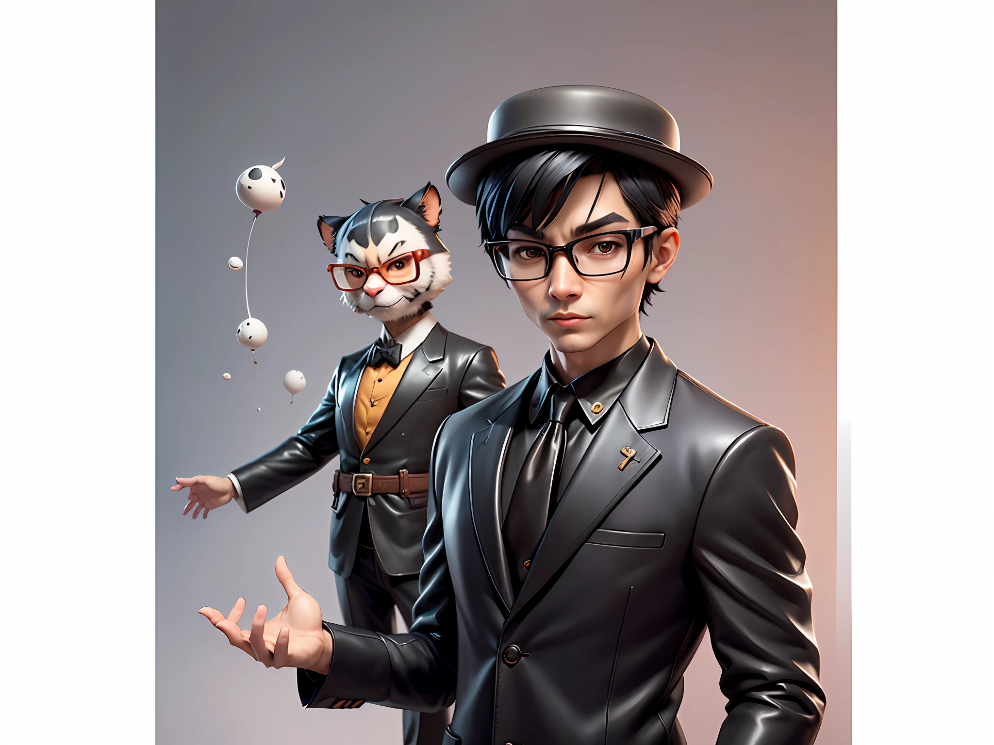 Young man with oriental face in leather hat, tiger, oriental face in formal suit, short black hair, silver glasses, digital painting, 3D character design by Mark Clairedon and Pixar and Hayao Miyazaki and Akira Toriyama, the illustration is a high-definition illustration in 4K resolution with very detailed facial features and cartoon-style visuals.