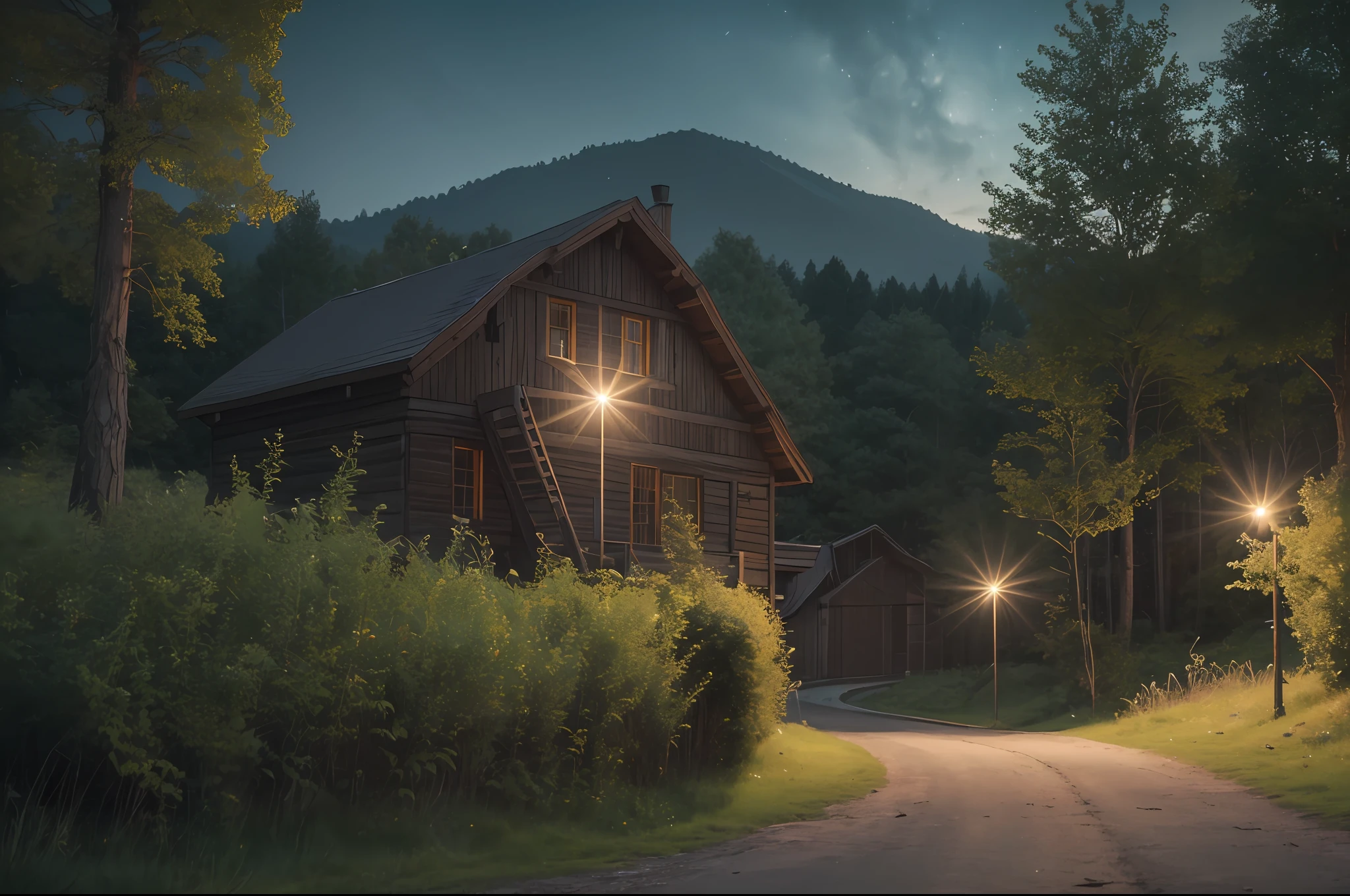 RAW photo, best, masterpiece, best quality, high quality, extremely detailed,the top of a hill with trees, it is night, the atmosphere is calm and quiet,intricate details, masterpiece, best quality, ultra-realistic, 8k, high detail, cinematic photography.