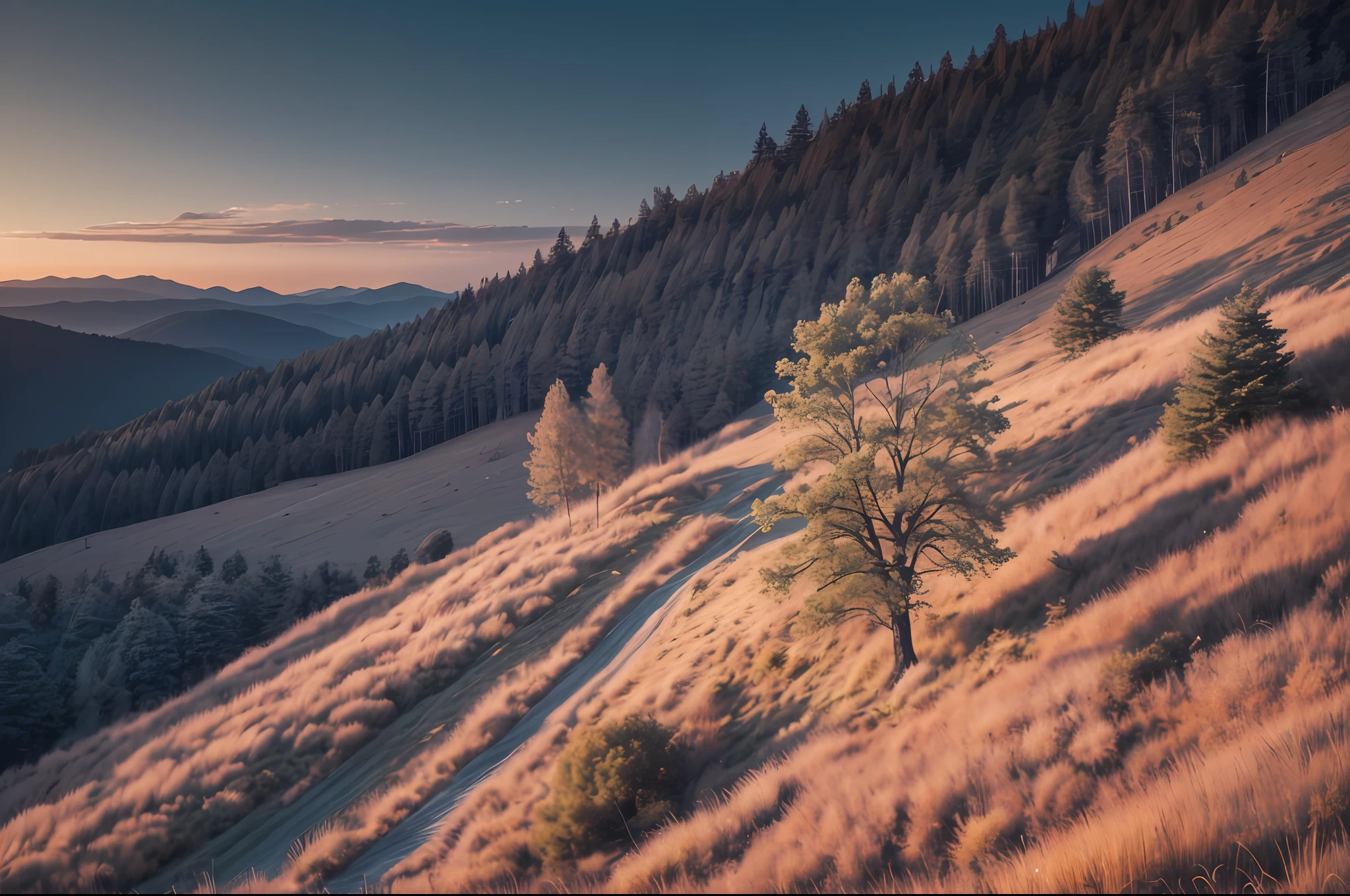 RAW photo, best, masterpiece, best quality, high quality, extremely detailed,the top of a hill with trees, it is night, the atmosphere is calm and quiet,intricate details, masterpiece, best quality, ultra-realistic, 8k, high detail, cinematic photography.