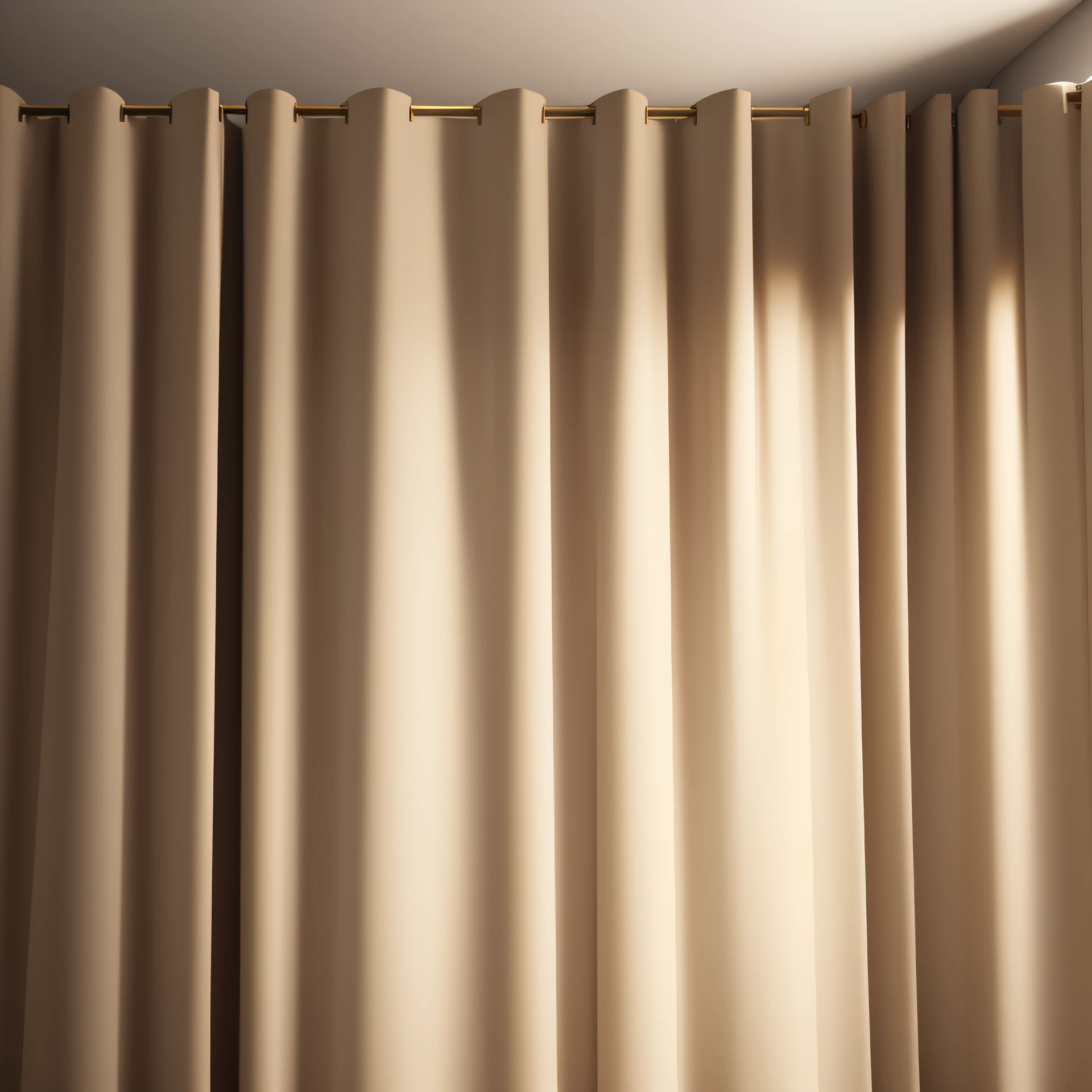 The background is khaki curtains beige and dark atmosphere, beige color scheme, A small number of sand-colored walls, beiges, muted colors with minimalism, solid color backdrop, dark and beige atmosphere, in style of 3d render, com cores neutras, clemens ascher, beige and gold tones, background made of big curtains