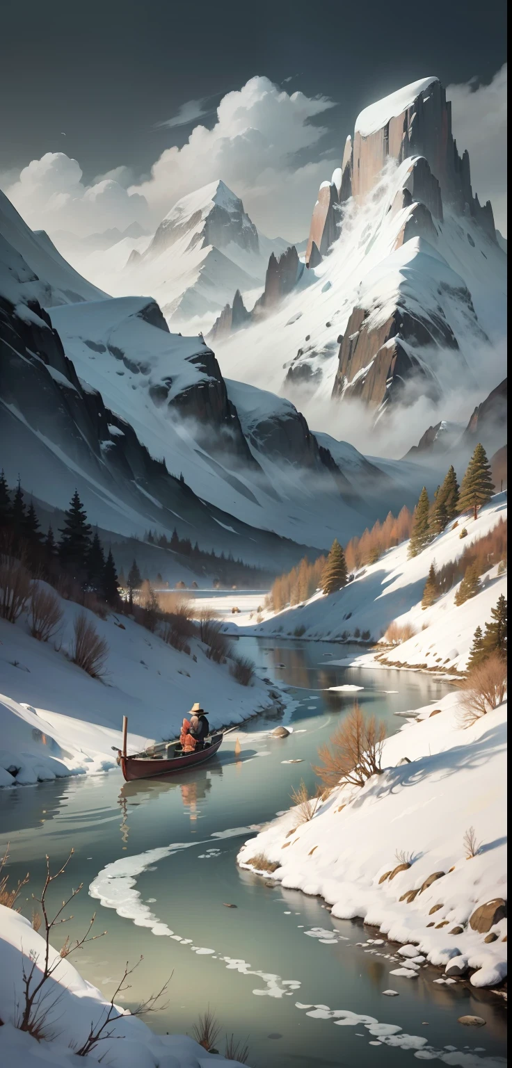 Black and white Chinese ink painting,water ink,ink,Smudge,Winters,nevando,Oyuki,In the distance, the mountains on all sides are covered in thick snow,On an empty and wide river, On a lonely ship, An old man in a robe sits fishing,Ultra vision,at centre,Lonely boats,Fishing alone in the cold river snow,Empty River,Ethereal breath,Beautiful artistic conception,Ancient Chinese poetry