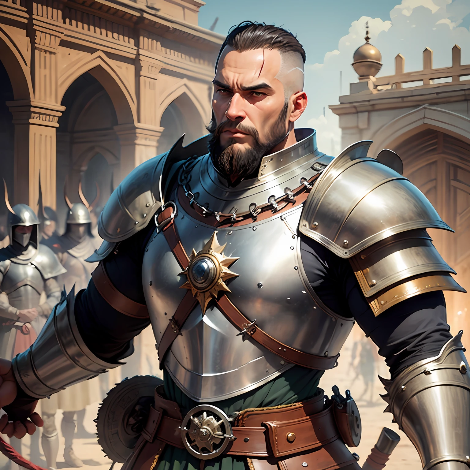 Army of demons surrounding great Legendary bald beard muscular medieval moroccan warrior leather outfit métal Armor