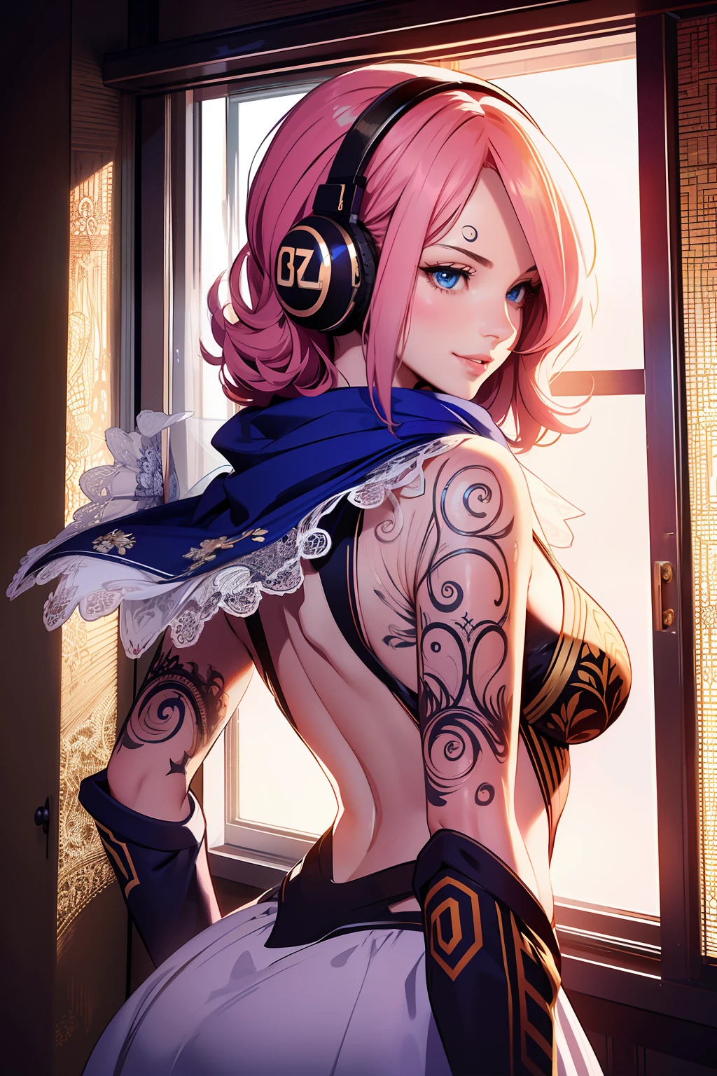 ultra realistic 8k cg, masterpiece, ((ultra detailed background, delicate pattern, intricate detail)), (highly detailed, fine details), best quality, 1girl, (photorealistic:1.4),beautiful lighting,  absurdres, RAW photo, film grain, ((medium breasts, slim girl)), Reiju, 1girl, solo, pink hair, hair over one eye, blue eyes, medium breasts, short hair, cleavage, smile, tattoo, hairband, dress, scarf, headphones, gloves, (complex detailed background, inside, room environment, bedroom, posters, window, cowboy shot, slim girl, from behind),