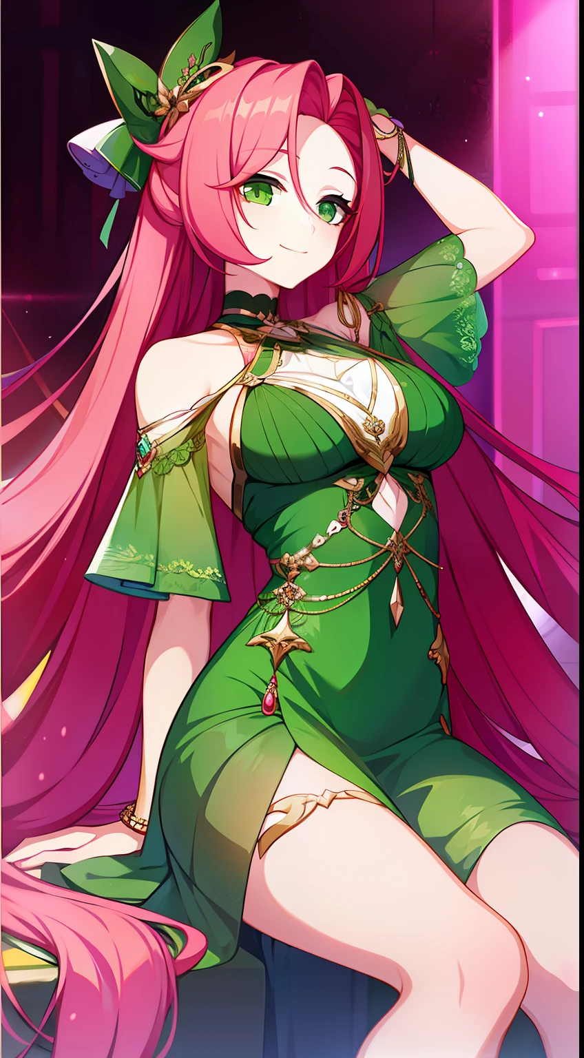 young girl, long pink hair, Green eyes, Green Light Dress, ssmile, Masterpiece, hiquality