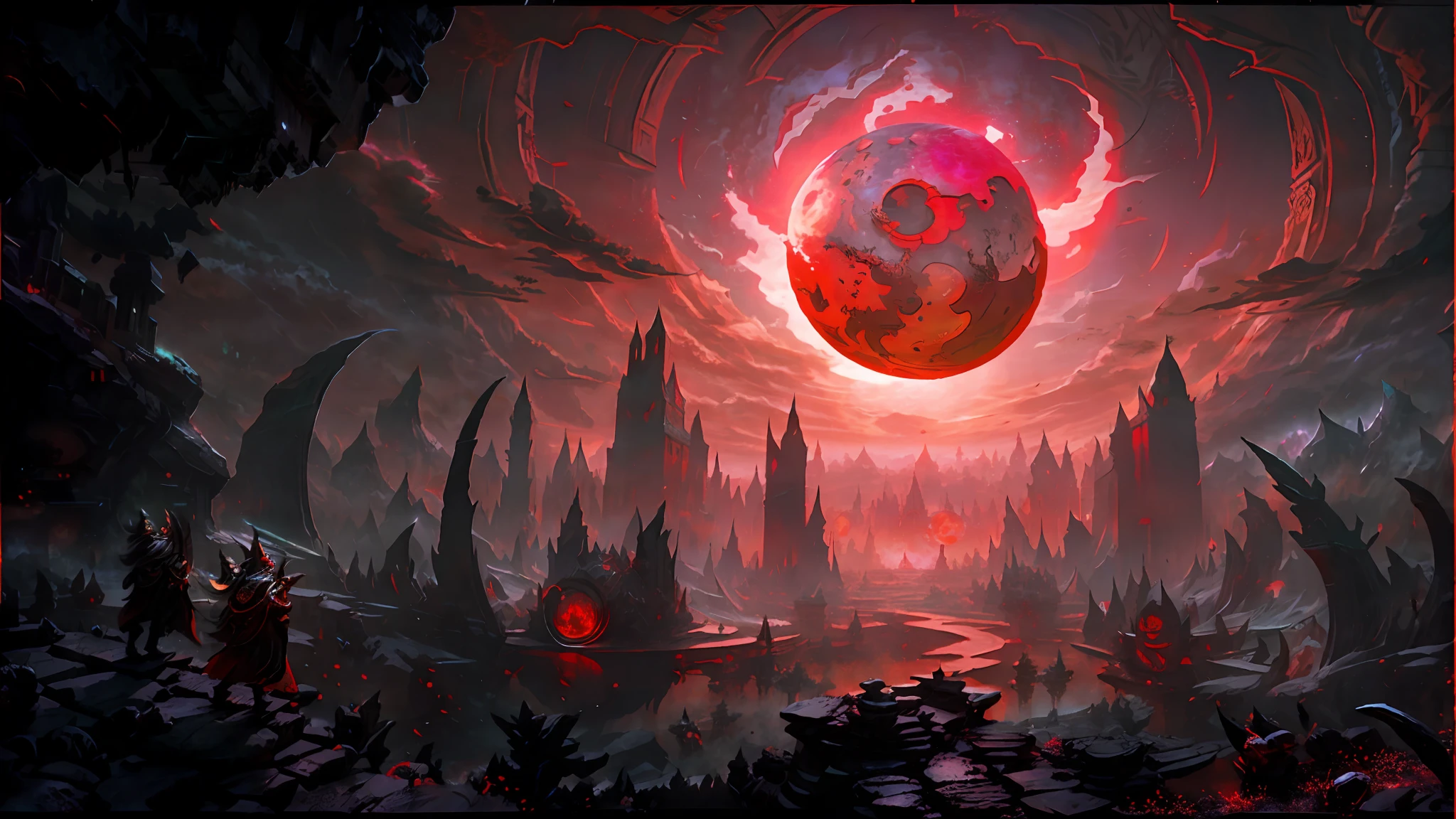 Rocks in the foreground, outer line meteorite, red moon in the middle, celestial burial, lamas, hell, buildings in the shape of vultures, bones scattered on the ground, sharp bones, sky clouds around the moon, horror。 a red and black picture of a giant red ball in a city, blood moon tentacles!!, dramatic concept art, dota! matte painting concept art, matte painting arcane dota pixar, a large sphere of red energy, vortex portal banish the elders, amazing d & d dark sun art, red rising planet, black orb of fire, studying a hell open rift portal, high destail