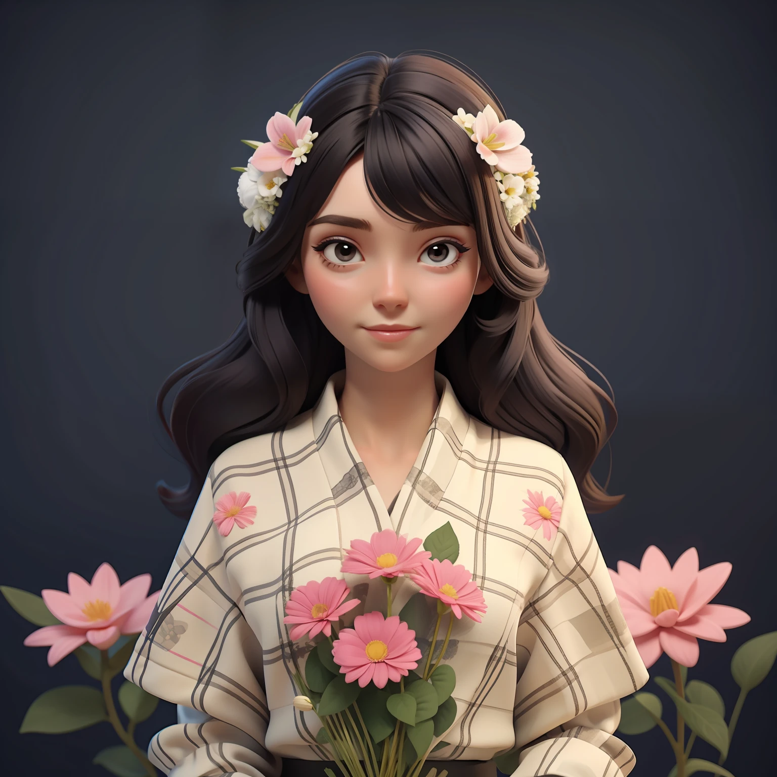 Woman with bunches of flowers, background must be black and blank