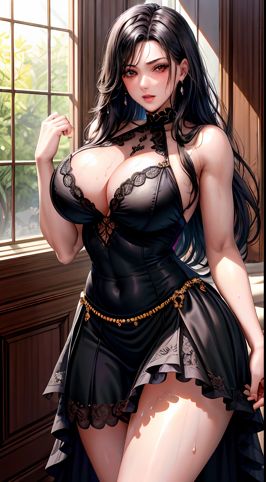 Unbeatable masterpiece, ultra realistic 8k cg, Perfect artwork, ((perfect women figure)), Mature female, A MILF, Narrow waist, view the viewer, Seductive posture, Sexy pose, Alluring, Clean, Beautiful face, Pure face, Pale skin, Large breasts, Exposed breasts, Naked breasts, pressing breasts up against a window, Divine goddess, ((Shiny skin)), (((skin indentation))), Lace, Lace trim, short lace-trimmed black skirt, Delicate pattern, intricately details, (Rich:1.4), prestige, Gorgeous, luxury goods, Royal Palace, jewelry, Pedras preciosas, gold, Silver, Diamond, Reflectors, Sapphire, Ruby, Emerald, the pearl, amber, Obsidian Tifa Lockhart, Red eyes, Black hair, Long hair, (((full of sweat)))